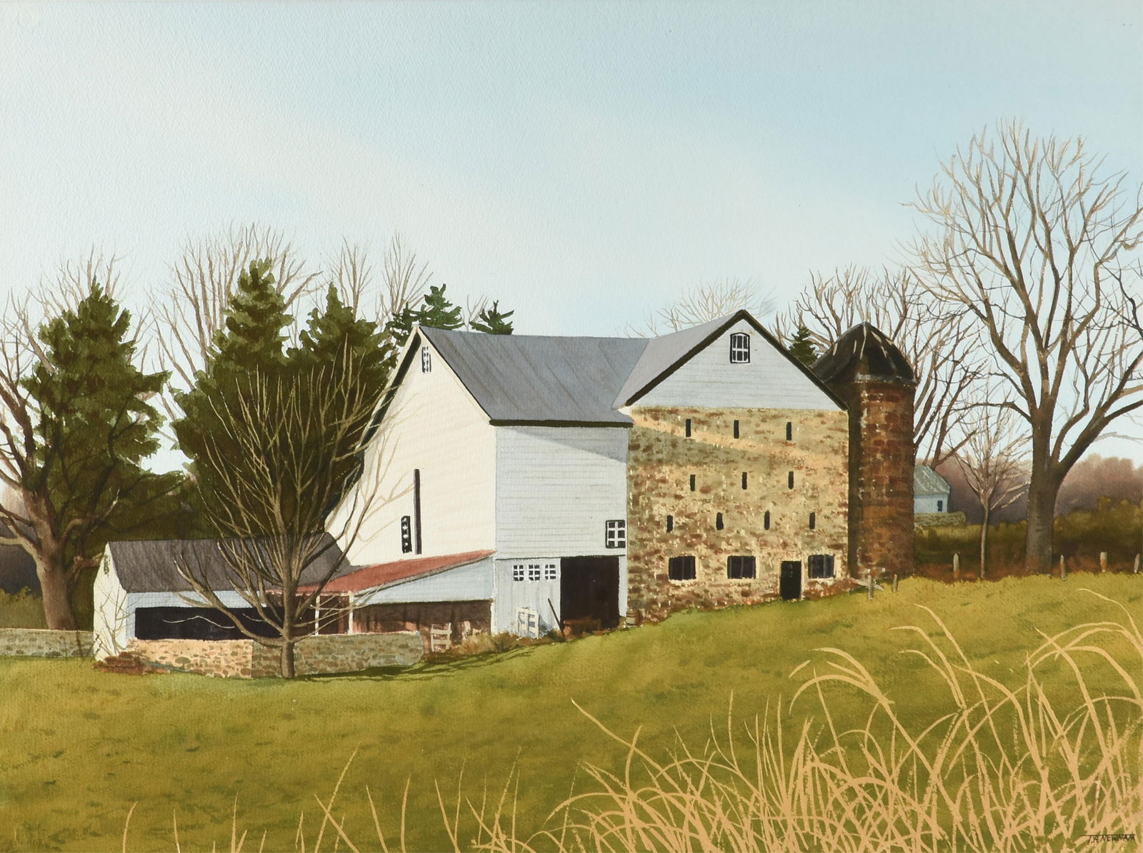 THOMAS A. NEWNAM (American b. 1946) "The Stone Barn (Untitled)," 21ST CENTURY,: THOMAS A. NEWNAM (American b. 1946) "The Stone Barn (Untitled)," 21ST CENTURY,watercolor on paper, signed lower right, "T.A. Newnam."22 x 29 1/2 in. (55.9 x 74.9 cm.), Frame: 35 x 42 3/4 in. (88.9 x 1