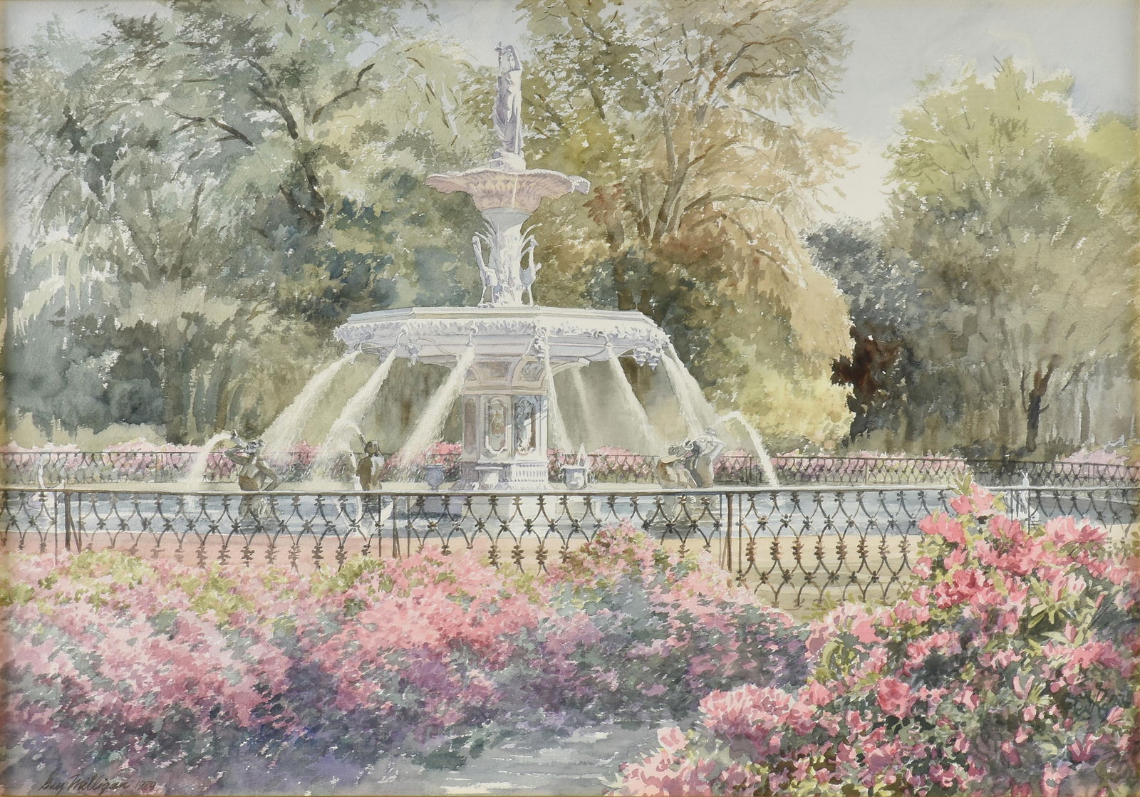 GUY MILLIGAN (American b. 1927) "Fountain and Flowers," 1989,: GUY MILLIGAN (American b. 1927) "Fountain and Flowers," 1989,watercolor on paper, signed and dated lower left, "Guy Milligan 1989."20 x 29 in. (50.8 x 73.7 cm.), Frame: 29 x 38 in. (73.7 x 96.5 cm.) P