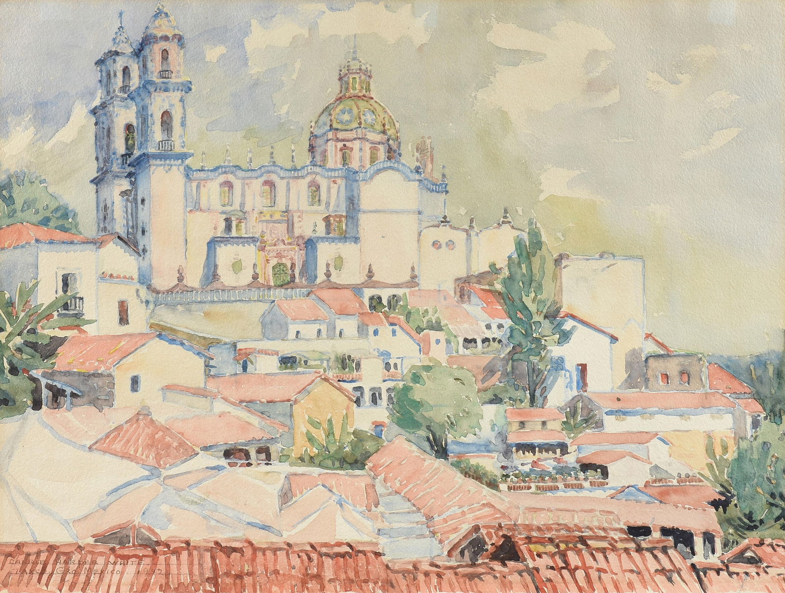 CARRIE HARPER WHITE (American/Texas 1875-1969) "Santa Prisca, Guerrero (Untitled)," 1942,: CARRIE HARPER WHITE (American/Texas 1875-1969) "Santa Prisca, Guerrero (Untitled)," 1942,watercolor on paper, signed, located and dated lower left, "Carrie Harper White / Taxco, G'ro, Mexico, 1942."15