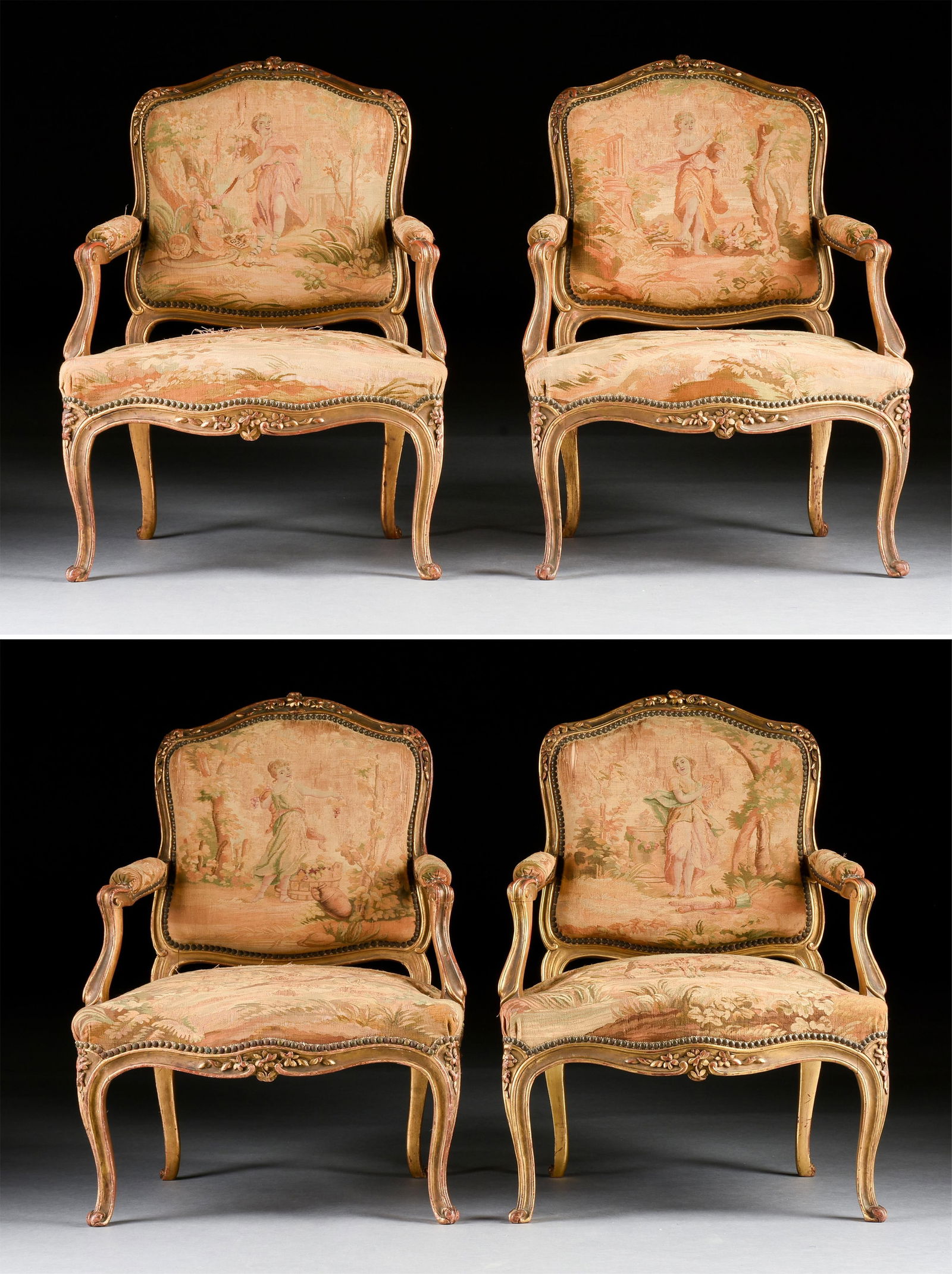 FOUR ROCOCO STYLE GILTWOOD ARMCHAIRS, FRENCH, 19TH CENTURY,: FOUR ROCOCO STYLE GILTWOOD ARMCHAIRS, FRENCH, 19TH CENTURY,four giltwood armchairs with Aubusson tapestry upholstery.Each: 36 x 27 x 26 in. (91.4 x 68.6 x 66 cm.) Provenance: Collection of the Norbert