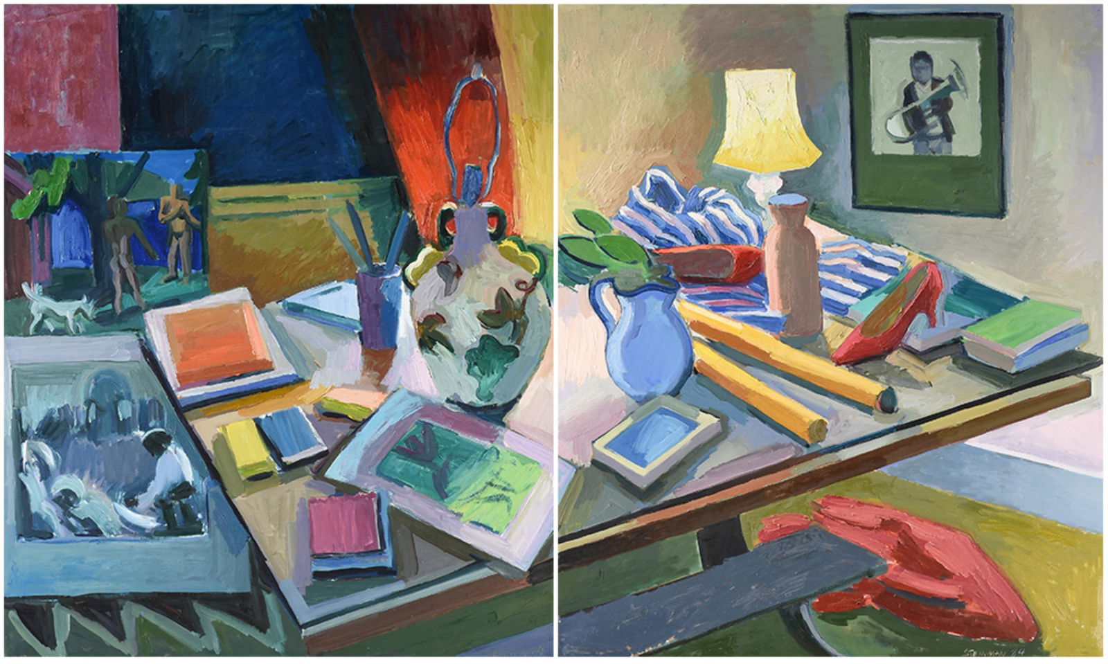 JOAN STEINMAN (American/Texas b. 1953) A DIPTYCH "Interior Scene (Untitled)," 1984,: JOAN STEINMAN (American/Texas b. 1953) A DIPTYCH "Interior Scene (Untitled)," 1984,two paintings, each oil on canvas, each signed and dated lower right, "Steinman 84."Each Painting: 38 x 32 in. (96.5