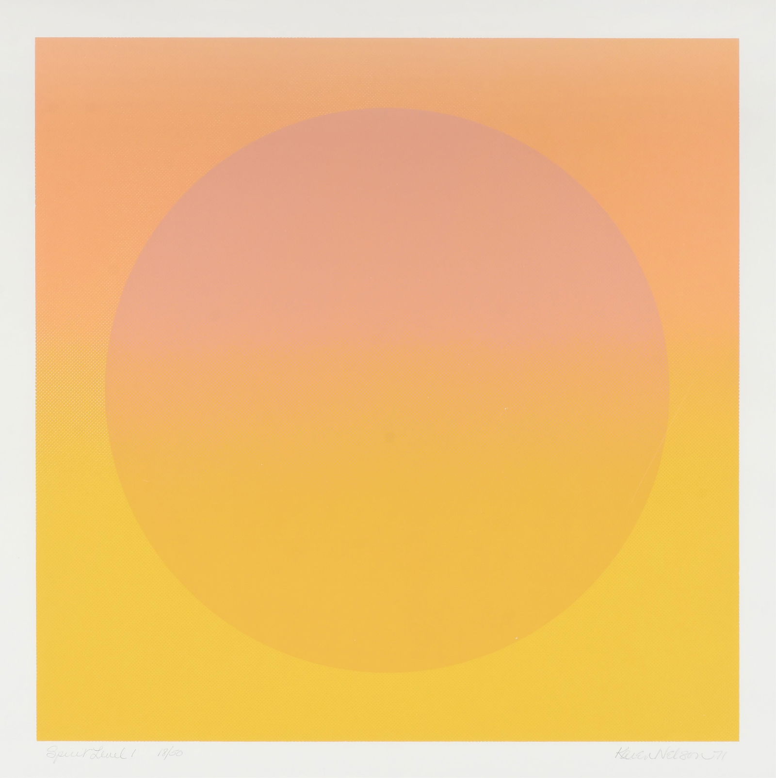 KAREN NELSON (American/Texas) FOUR PRINTS, "Spirit Level I," "Staplework 6," "Spaced Out," and "La: KAREN NELSON (American/Texas) FOUR PRINTS, "Spirit Level I," "Staplework 6," "Spaced Out," and "La Venda," 1970/71,serigraphs on paper, each titled and numbered at lower left, and signed "Karen Nelson