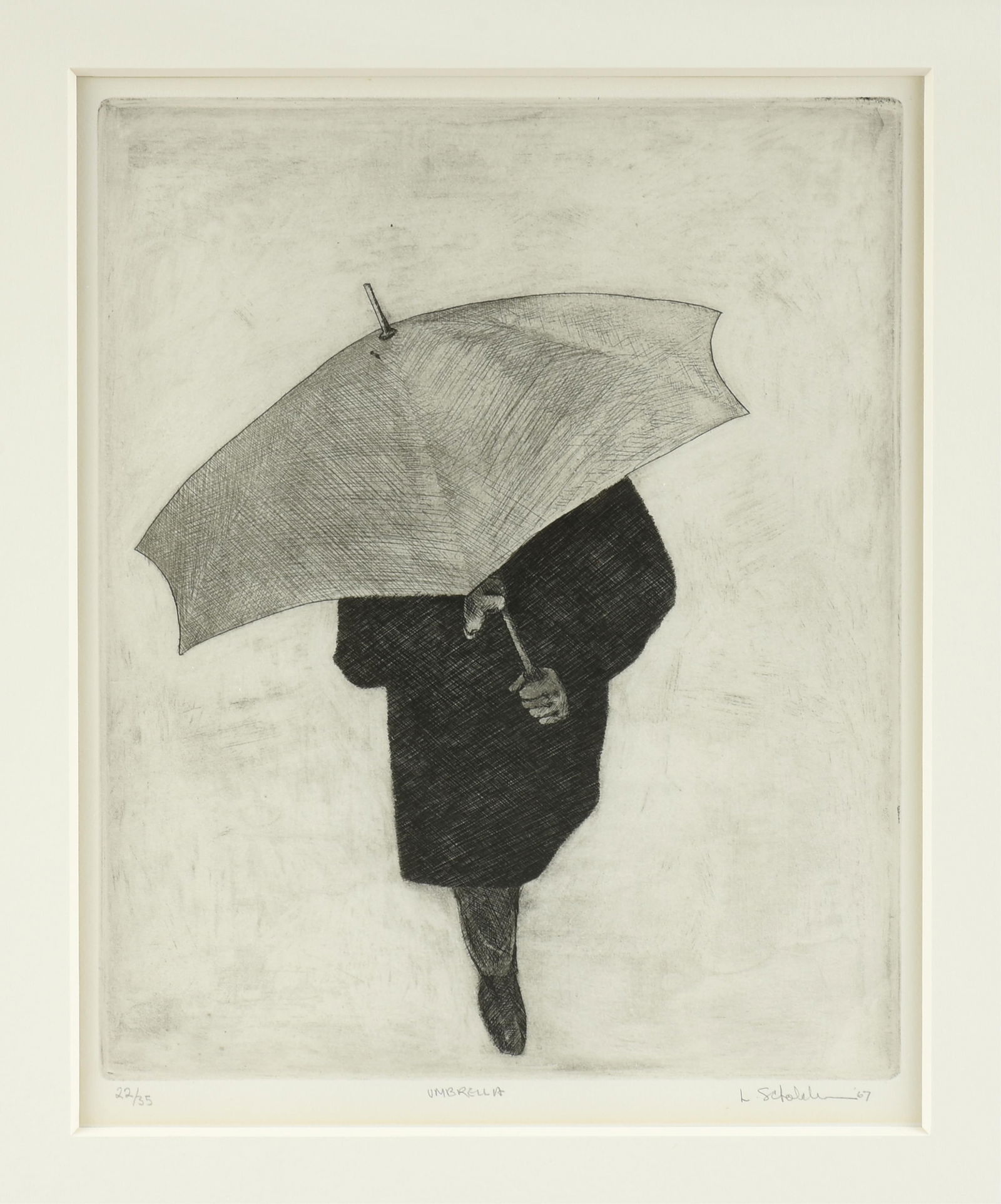 LARRY SCHOLDER (American/Texas 1942-2017) FOUR PRINTS, "Umbrella," "Flower Piece," "Gray Flannel: LARRY SCHOLDER (American/Texas 1942-2017) FOUR PRINTS, "Umbrella," "Flower Piece," "Gray Flannel Plant," and "Spider Plant," 1967 AND 1968,four etchings on paper, each signed and dated lower right, nu