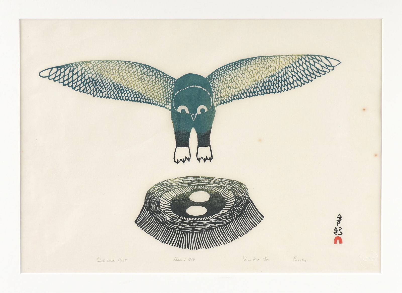 TWO CAPE DORSET PRINTS, "Owl and Nest," and "Birds Feeding," 1969,: TWO CAPE DORSET PRINTS, "Owl and Nest," and "Birds Feeding," 1969,stonecut prints on Japan paper, including "Owl and Nest" by Innuki Oqutak (1926-1985) and "Birds Feeding" by Shouyu Pootoogook (b. 193