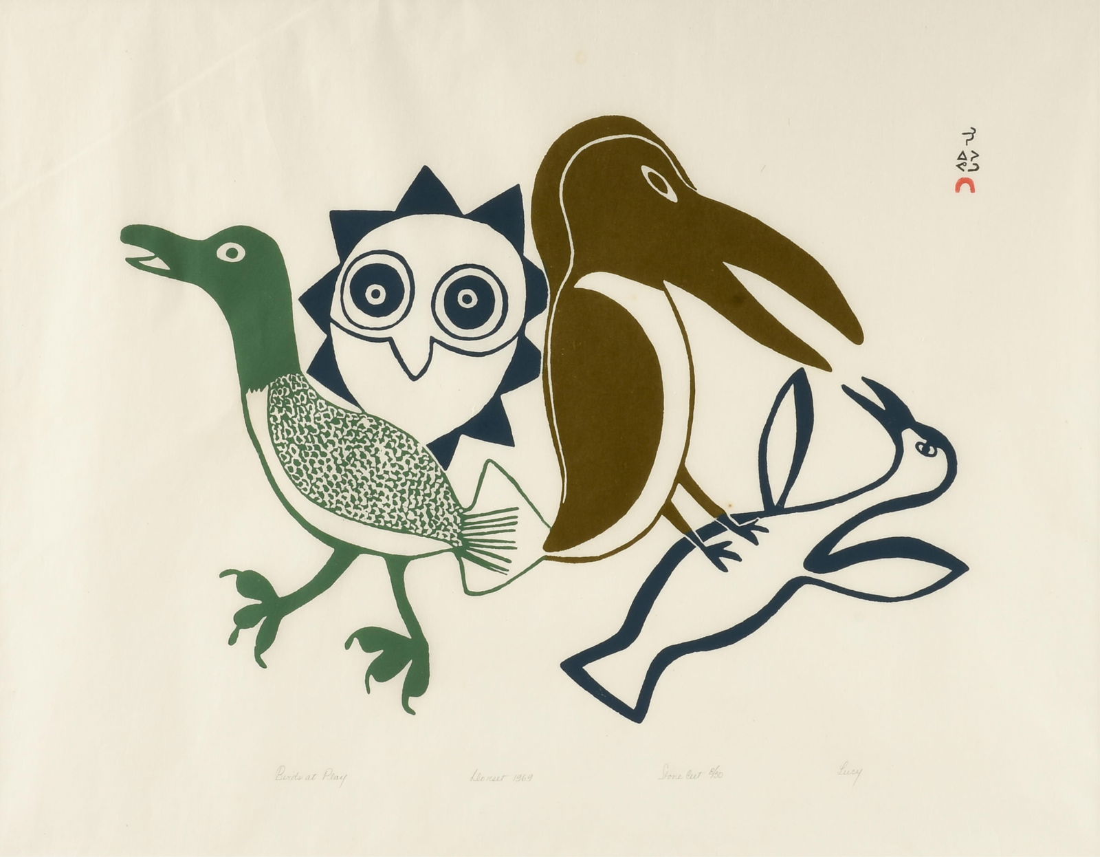 LUCY QINNUAYUAK (Inuk 1915-1982) "Birds At Play," 1969,: LUCY QINNUAYUAK (Inuk 1915-1982) "Birds At Play," 1969,a Cape Dorset stonecut print on Japan paper, signed at upper right in syllabics, and labeled across lower edge, "Birds at Play / Dorset 1969 / St