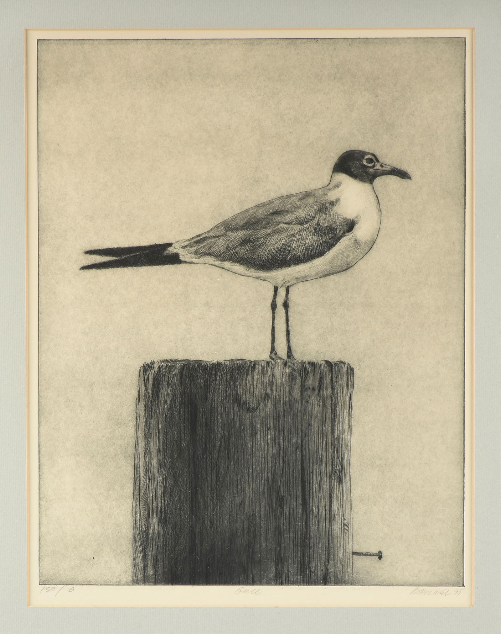 AL BARNES (American/Texas 1937-2015) THREE PRINTS, "Gull," "Gulls on a Rail," and "Ingleside," 1970: AL BARNES (American/Texas 1937-2015) THREE PRINTS, "Gull," "Gulls on a Rail," and "Ingleside," 1970 AND 1971,three etchings on paper, each signed and dated lower right and numbered lower left.Gull: 18
