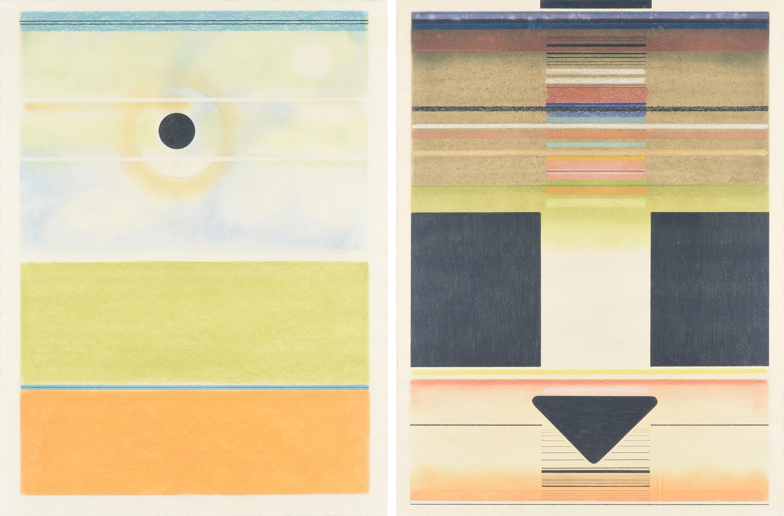 JOSEPH ALMYDA (American 1926-2011) "Verano," and "Sonic #3," CIRCA 1970,: JOSEPH ALMYDA (American 1926-2011) "Verano," and "Sonic #3," CIRCA 1970,each pastel and pencil on paper, each signed center right, "Almyda," framed separately.Sheets: 26 1/2 x 20 in. (67.3 x 50.8 cm.)