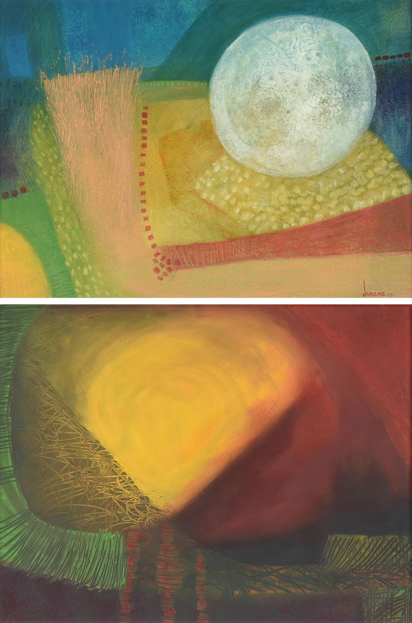 DORCAS ATHERTON (American/Texas 20TH/21ST CENTURY) TWO PAINTINGS "Abstract with White Orb: DORCAS ATHERTON (American/Texas 20TH/21ST CENTURY) TWO PAINTINGS "Abstract with White Orb (Untitled)," and "Abstract with Yellow and Red (Untitled)," CIRCA 2017,each acrylic on paper, "Abstract with W