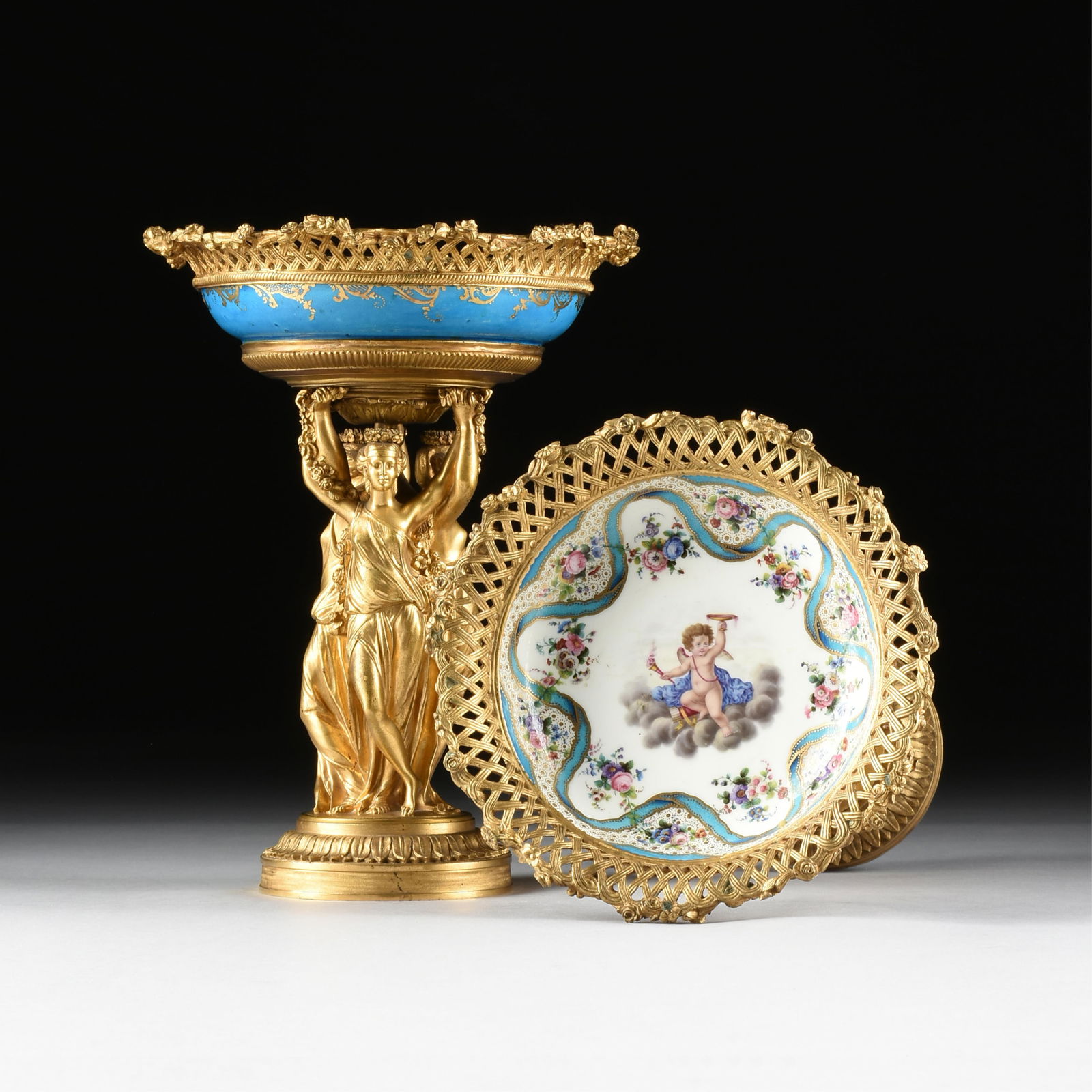 PAIR OF NEOCLASSICAL BRONZE ORMOLU AND SEVRES STYLE PORCELAIN COMPOTES, FRENCH, LATE 19TH CENTURY, (1 of 12)