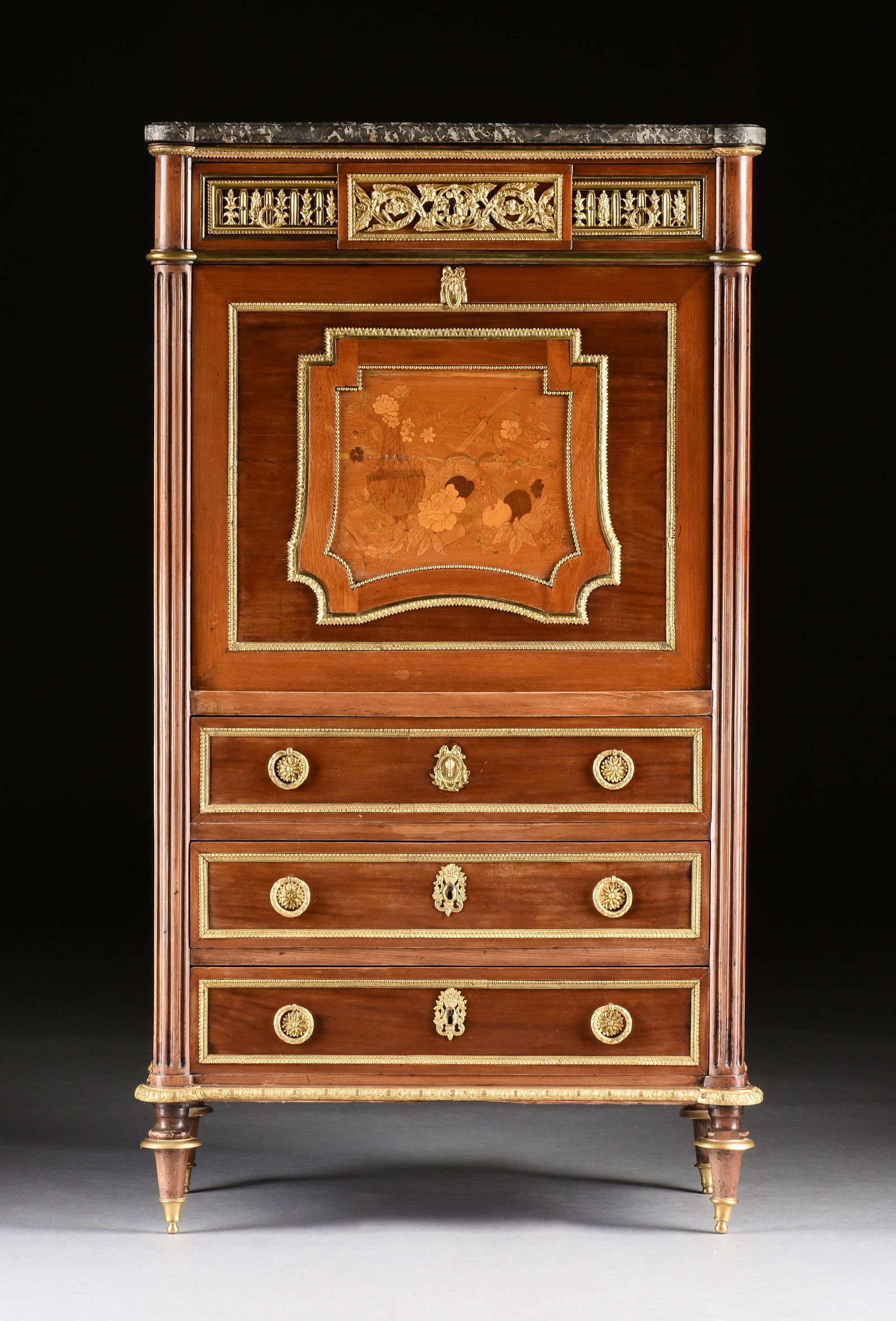 A NEOCLASSICAL STYLE BRONZE ORMOLU-MOUNTED MAHOGANY AND SATINWOOD MARQUETRY SECRETAIRE A ABATTANT, (1 of 11)