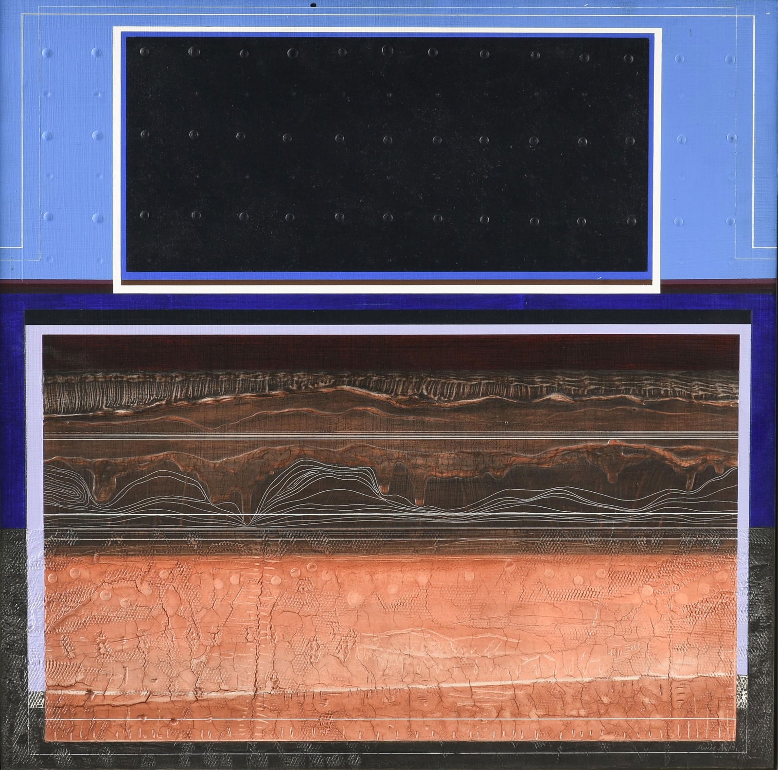 JOSEPH ALMYDA (American 1926-2011) "Facade: Earth Strata," 1971,: JOSEPH ALMYDA (American 1926-2011) "Facade: Earth Strata," 1971,acrylic on board, signed and dated lower right, "Almyda '71," and titled and signed on reverse, "Facade: Earth Strata / Almyda."23 3/4 x