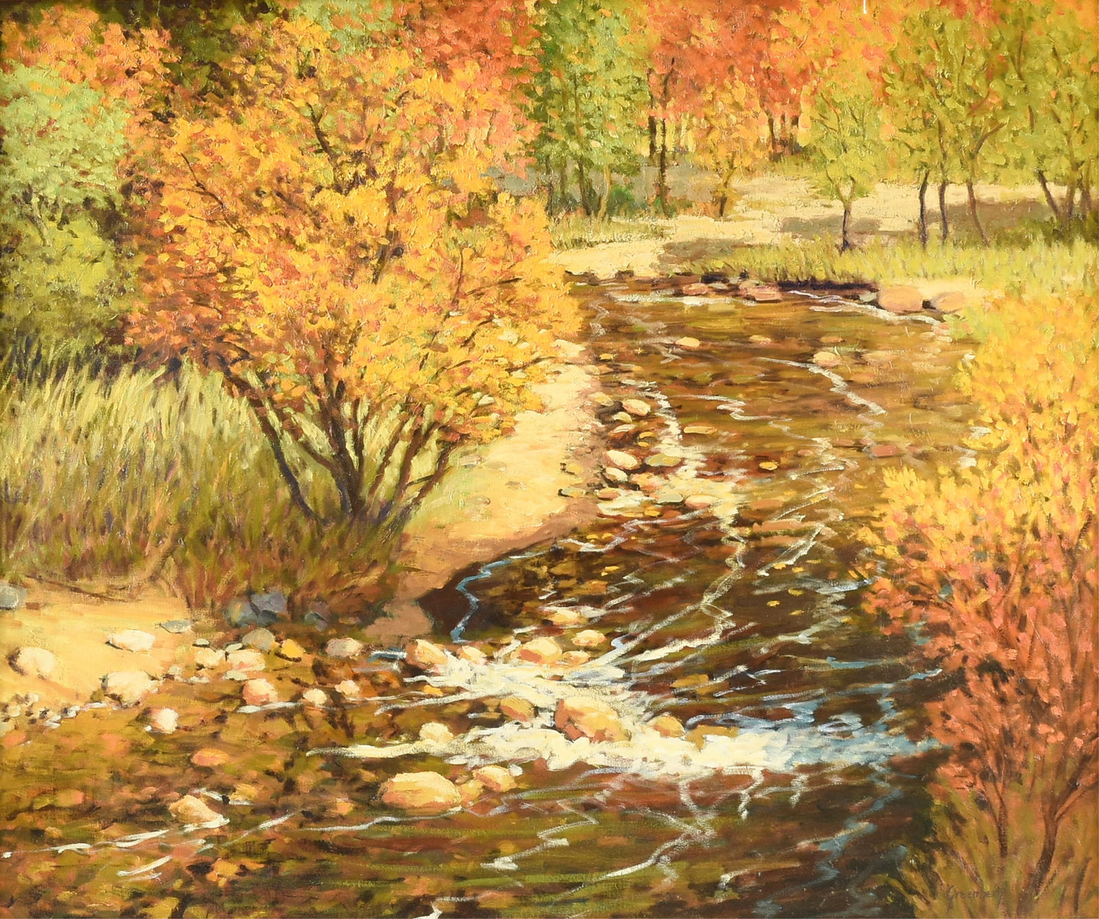JERRY GREENBERG (American/Texas b. 1946) "Autumn Landscape with River and Trees," 21ST CENTURY,: JERRY GREENBERG (American/Texas b. 1946) "Autumn Landscape with River and Trees," 21ST CENTURY,oil on canvas, signed lower right, "Greenberg."30 x 36 in. (76.2 x 91.4 cm.), Frame: 41 x 47 in. (104.1 x