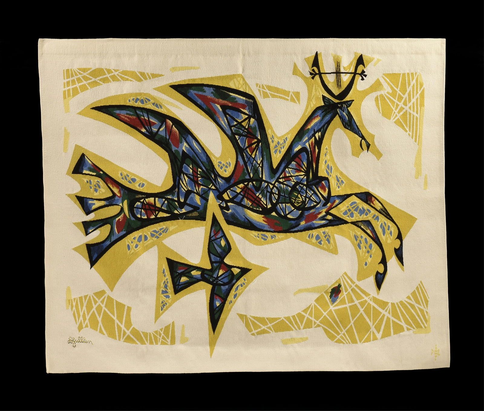 LOUIS MARIE JULLIEN (French 1904-1982) A PIERRE LEGOUEIX "Farfadet" TAPESTRY, CIRCA 1970,: LOUIS MARIE JULLIEN (French 1904-1982) A PIERRE LEGOUEIX "Farfadet" TAPESTRY, CIRCA 1970,a woven wool Aubusson tapestry, signed lower left, "L. Julien," and with the Atelier Pierre Legoueix mark at lo