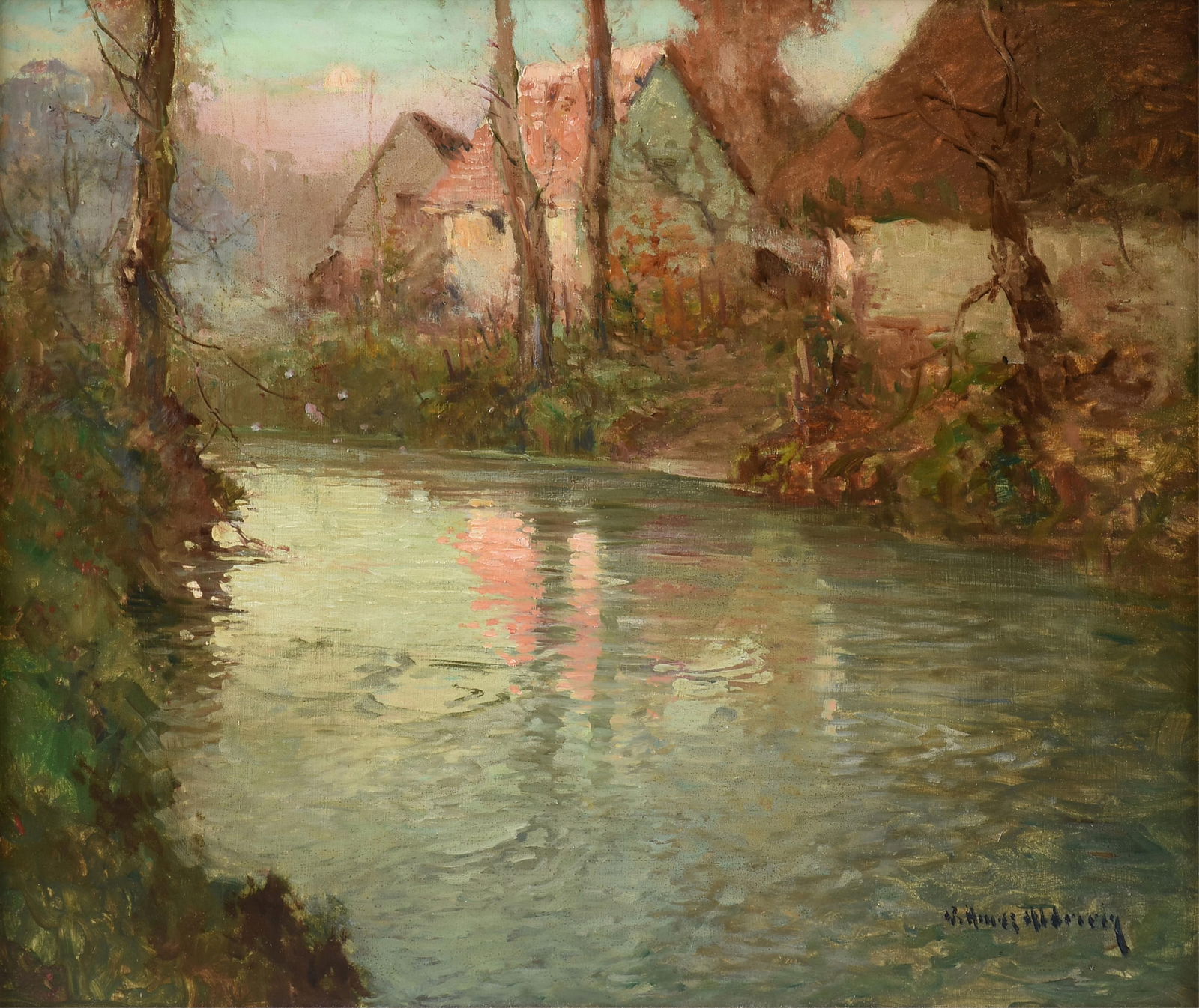 GEORGE AMES ALDRICH (American 1872-1941) "Houses by a Stream," 20TH CENTURY,: GEORGE AMES ALDRICH (American 1872-1941) "Houses by a Stream," 20TH CENTURY,oil on board, signed lower right, "G. Ames Aldrich."20 x 24 in. (50.8 x 61 cm.), Frame: 25 1/2 x 29 1/2 in. (64.8 x 74.9 cm.