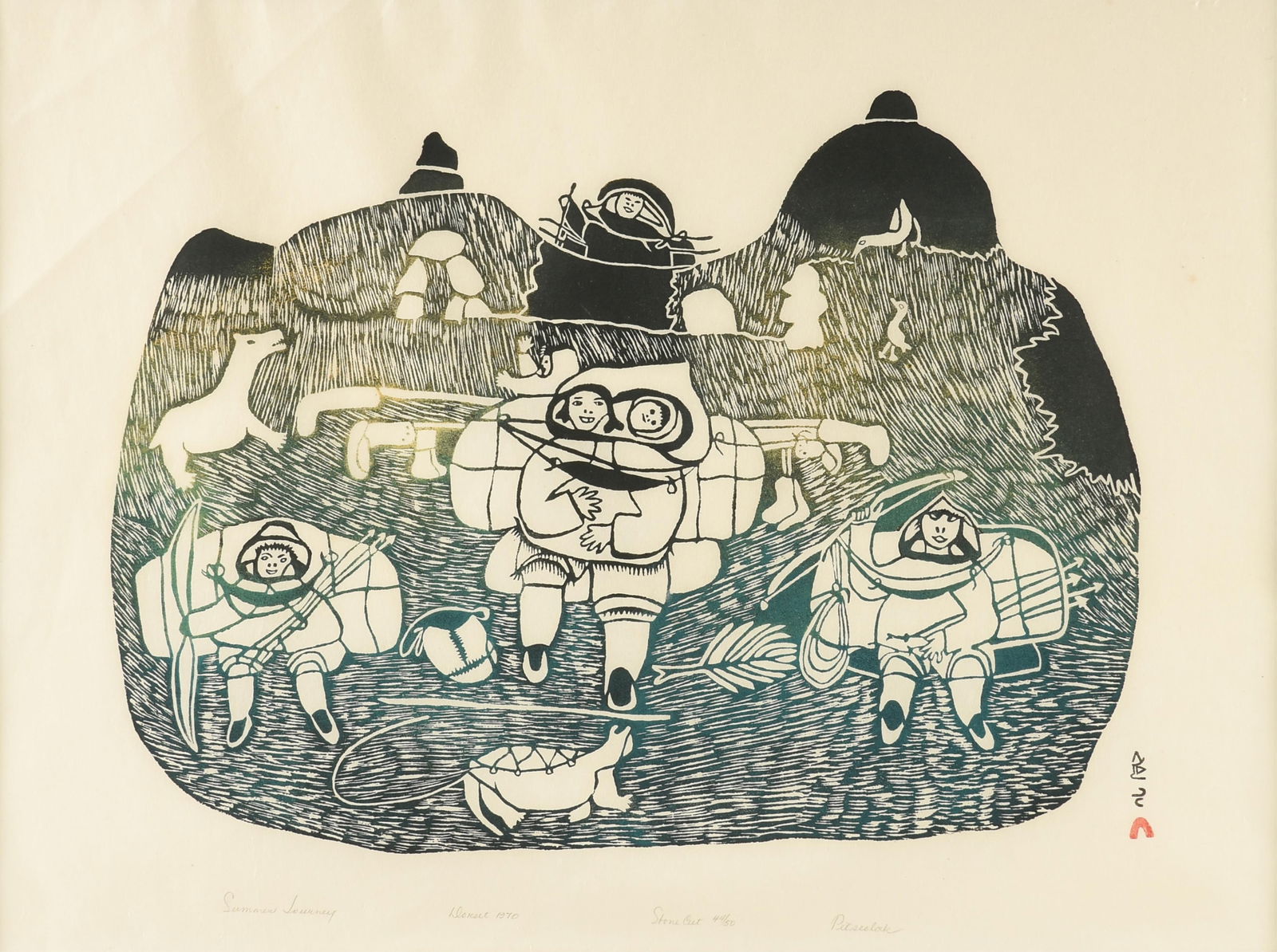 PITSEOLAK ASHOONA (Inuk 1904-1983) THREE PRINTS, "Summer Journey," "Summer Migrants," and "Crossing: PITSEOLAK ASHOONA (Inuk 1904-1983) THREE PRINTS, "Summer Journey," "Summer Migrants," and "Crossing the Straits," 1970,Cape Dorset stonecut prints on Japan paper, each signed in syllabics, and labeled