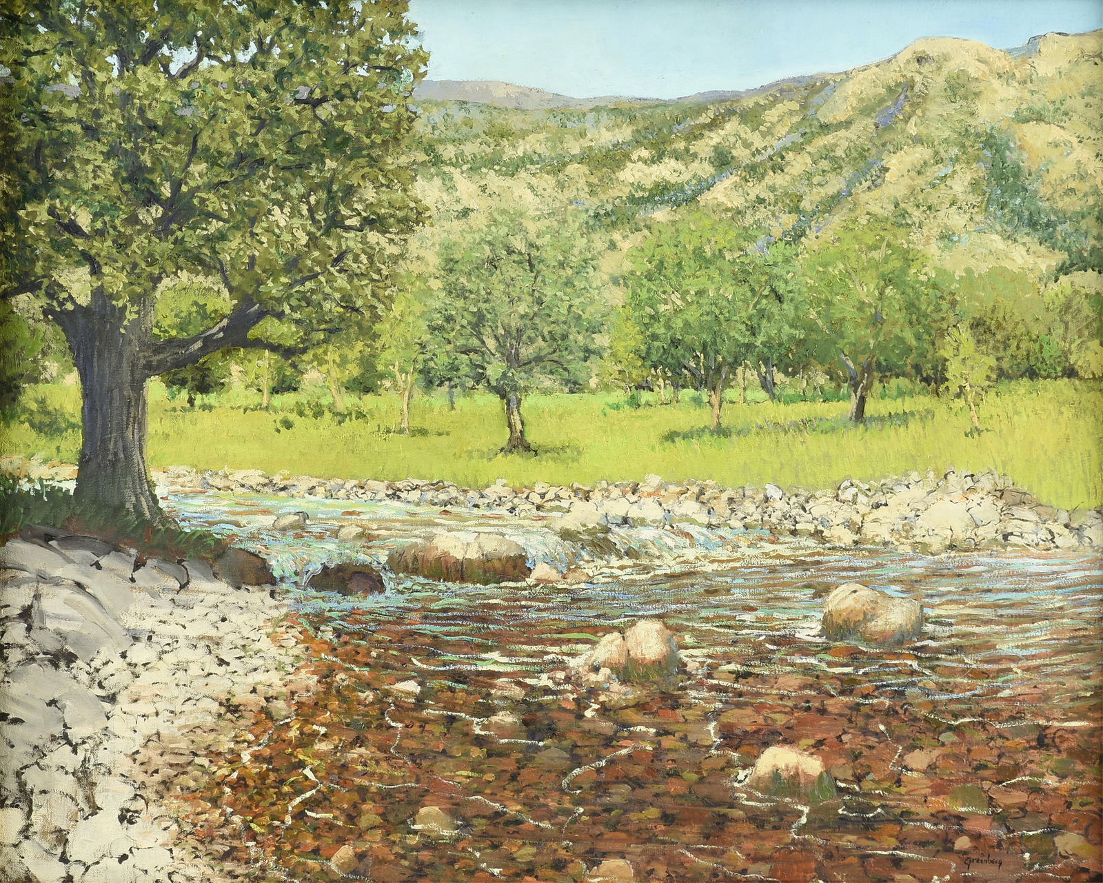 JERRY GREENBERG (American/Texas b. 1946) "River, Trees, and Hills," 21ST CENTURY,: JERRY GREENBERG (American/Texas b. 1946) "River, Trees, and Hills," 21ST CENTURY,oil on canvas, signed L/R, "Greenberg."24 x 30 in. (61 x 76.2 cm.), Frame: 25 3/4 x 31 3/4 in. (65.4 x 80.6 cm.)