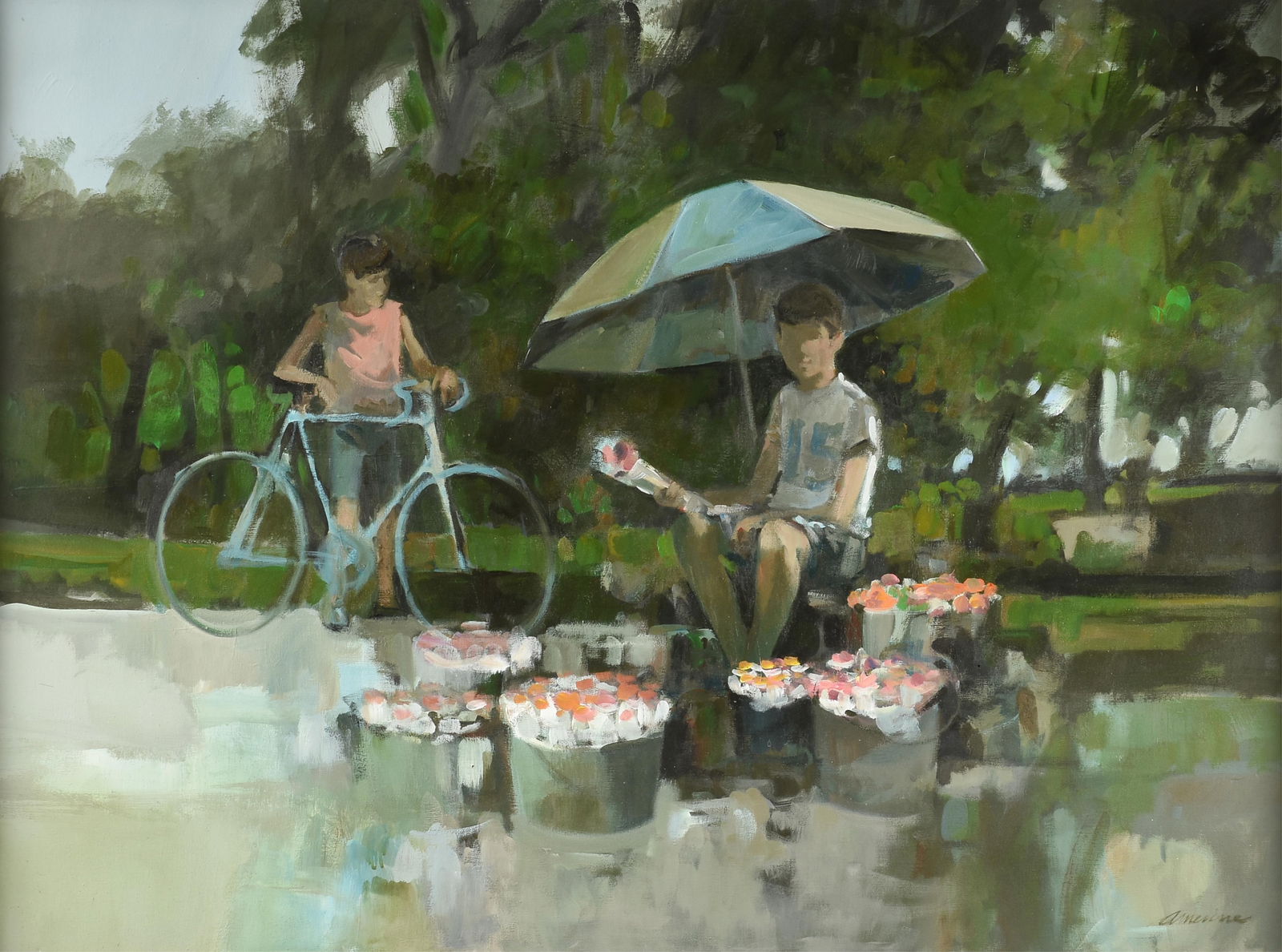 WAYNE AMERINE (American /Texas 1928-2008) "Selling Roses," CIRCA 1970,: WAYNE AMERINE (American /Texas 1928-2008) "Selling Roses," CIRCA 1970,oil on canvas, signed lower right, "Amerine."36 x 48 in. (91.4 x 121.9 cm.), Frame: 38 x 50 in. (96.5 x 127 cm.) Provenance: Prope