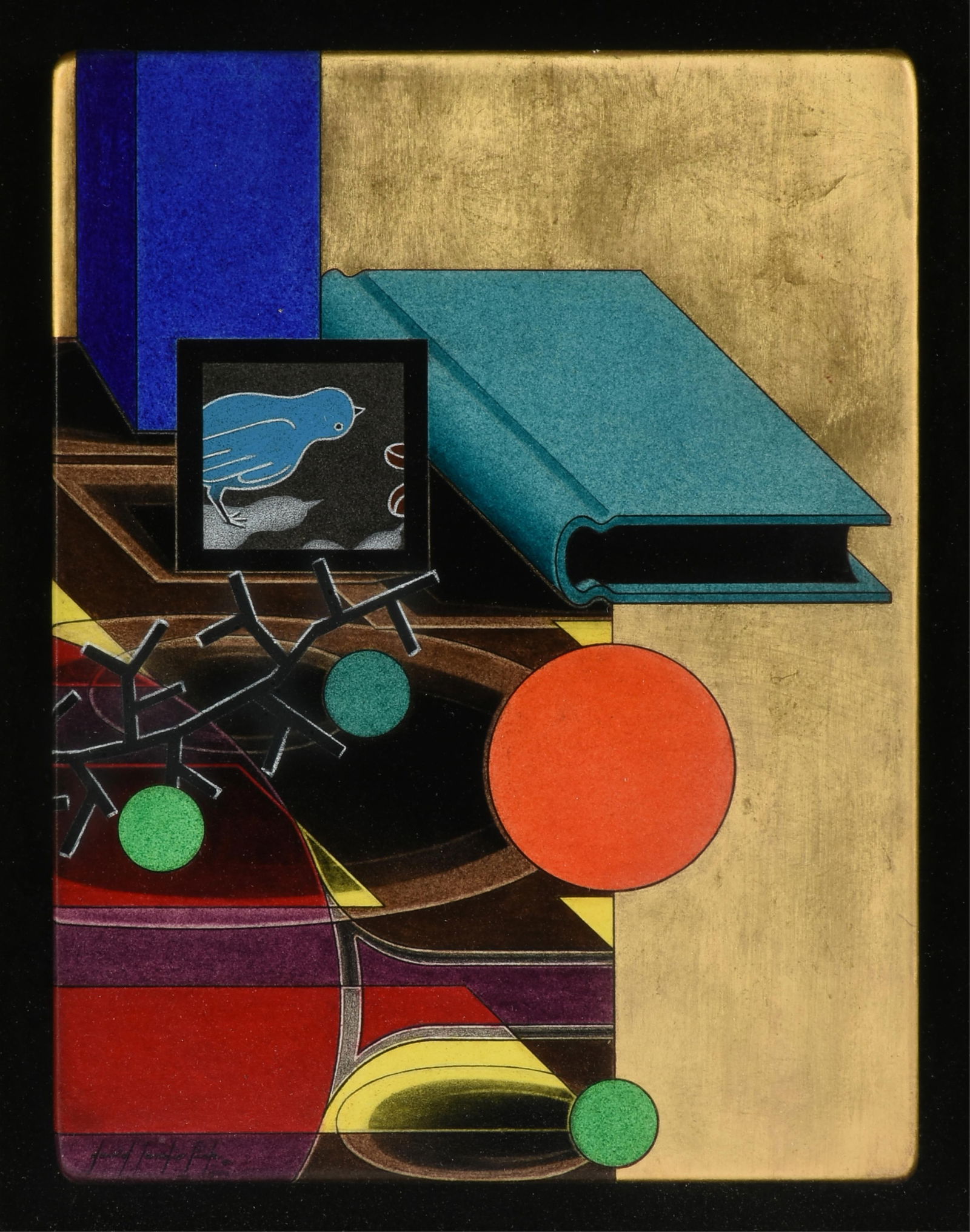 DAVID LANDIS FICK (American b. 1950) "Art Deco Still Life (Untitled)," LATE 20TH CENTURY,: DAVID LANDIS FICK (American b. 1950) "Art Deco Still Life (Untitled)," LATE 20TH CENTURY,oil, pastel, and gold leaf on canvas mounted to a wood backing and framed under glass, signed lower left, "Davi