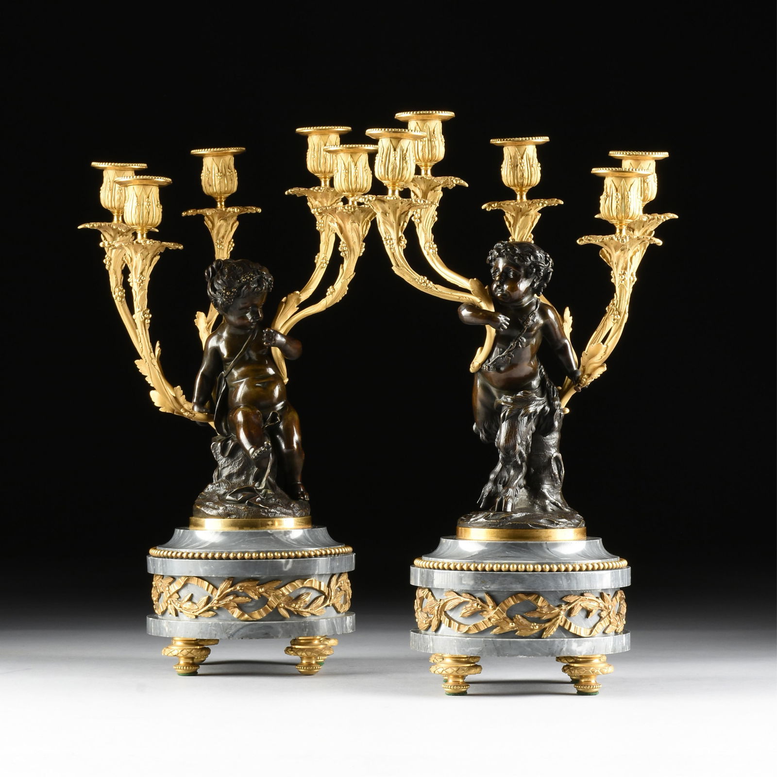 A PAIR OF ROCOCO STYLE FIVE-LIGHT BRONZE CANDELABRA, FRENCH, 19TH CENTURY, (1 of 12)