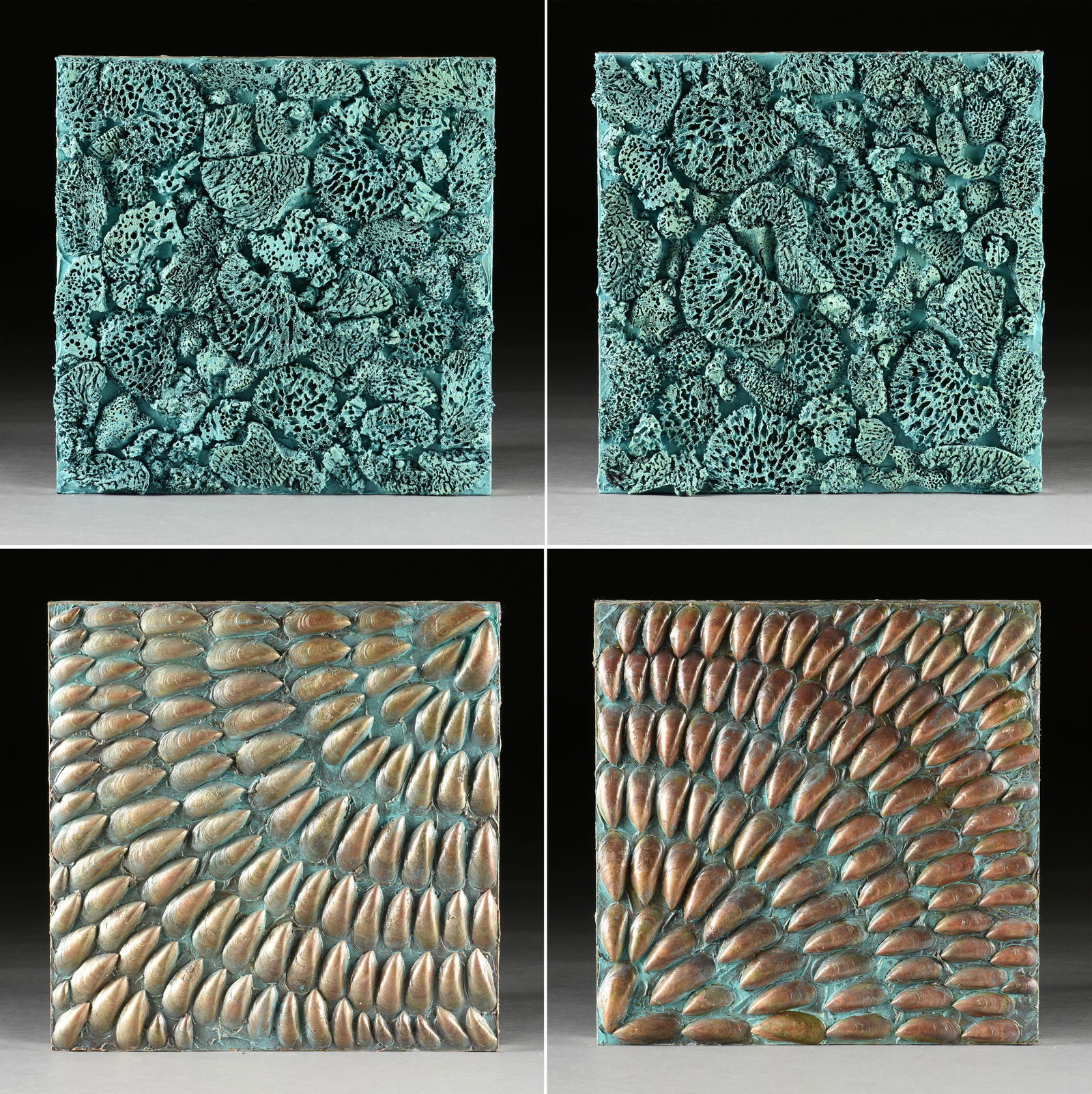 SABINE STROMEYER (German/Texas b. 1962) FOUR PAINTINGS "Ocean Story," 2012,: SABINE STROMEYER (German/Texas b. 1962) FOUR PAINTINGS "Ocean Story," 2012,acrylic, shells, sponge, and mixed media on board, each piece with an artist label on reverse.Each: 24 x 24 in. (61 x 61 cm.)