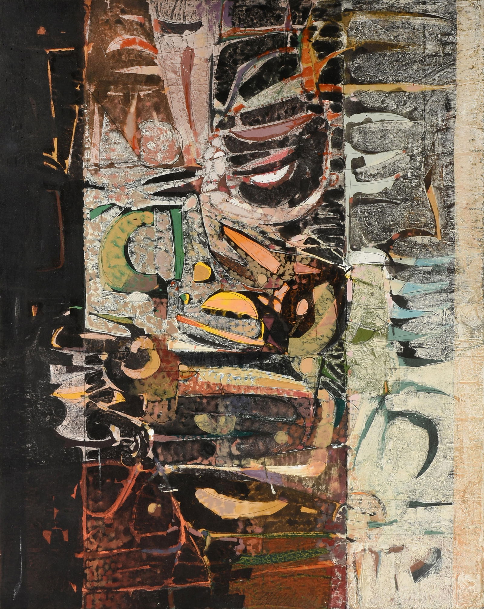 PAUL MAXWELL (American/Texas 1925-2015) "Untitled," 1971,: PAUL MAXWELL (American/Texas 1925-2015) "Untitled," 1971,acrylic and mixed media on canvas laid down on panel, signed and dated lower center, "P Maxwell 71."60 x 48 in. (152.4 x 121.9 cm.), Frame: 61