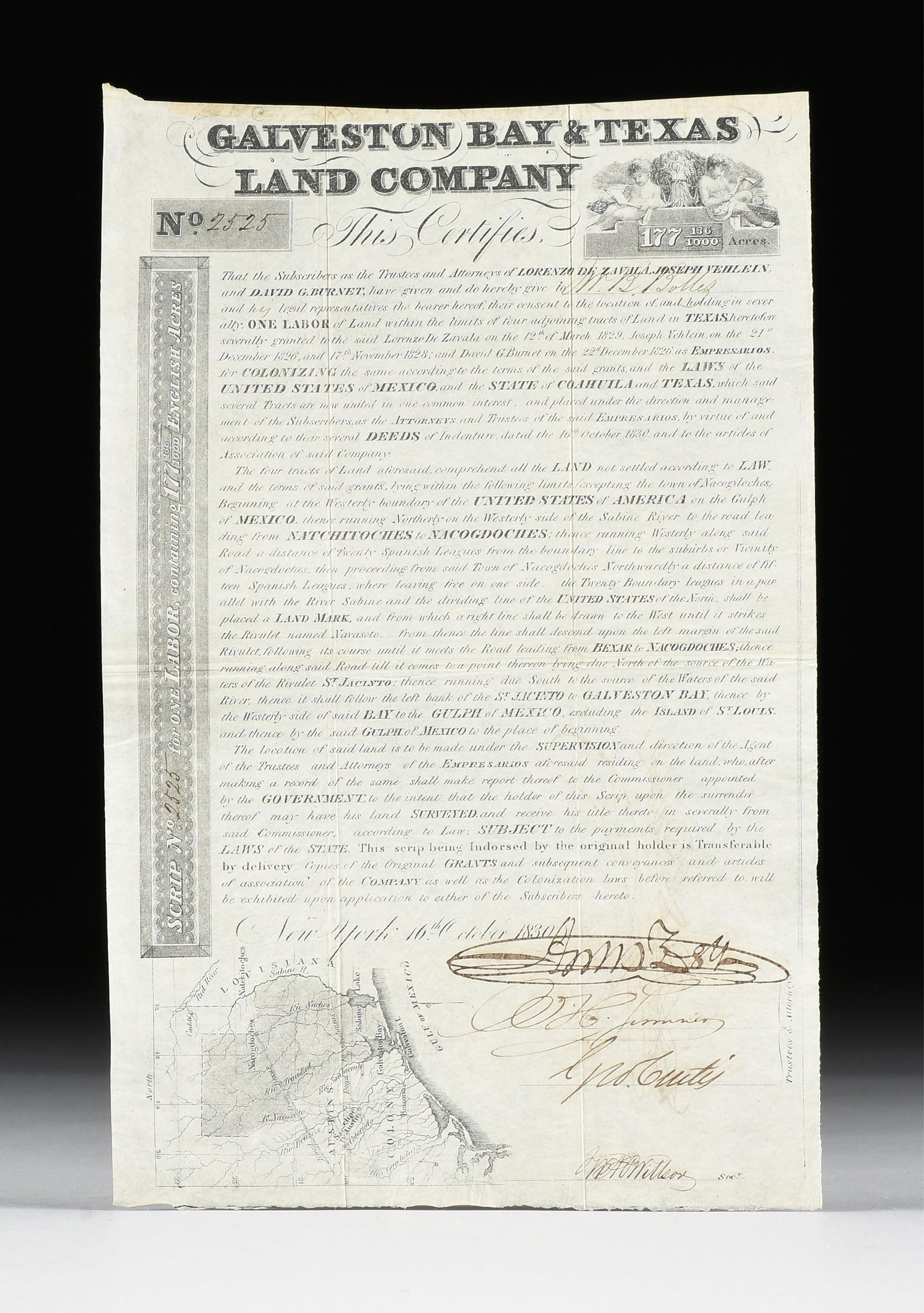 A GALVESTON BAY & TEXAS LAND COMPANY EMPRESARIO LAND SCRIP FOR THE DE ZAVALA, VEHLEIN AND BURNET (1 of 4)