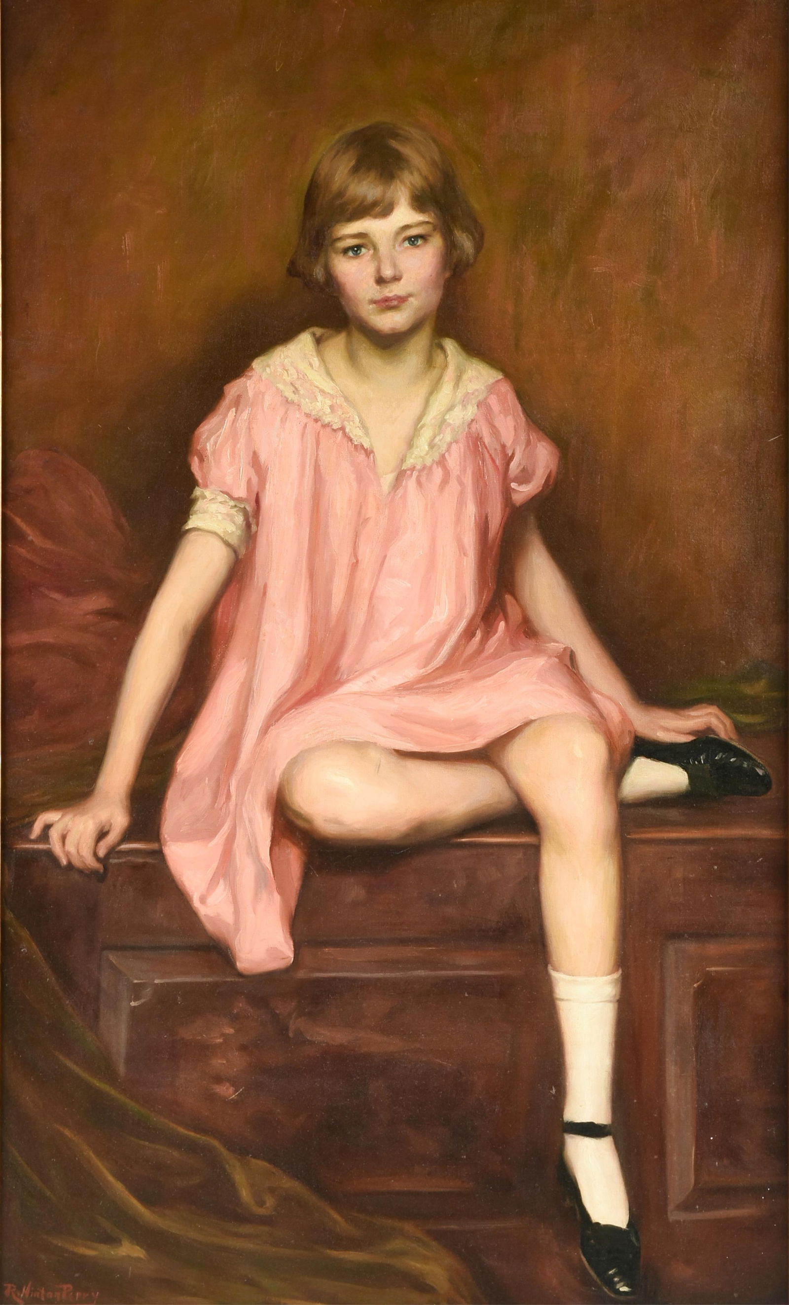 ROLAND HINTON PERRY (American 1870-1941) "Portrait of Miss Caroline Grant," 1925,: ROLAND HINTON PERRY (American 1870-1941) "Portrait of Miss Caroline Grant," 1925,oil on canvas, signed and dated lower left, "R. Hinton Perry / 1925," with an exhibition label on reverse from Grand Ce