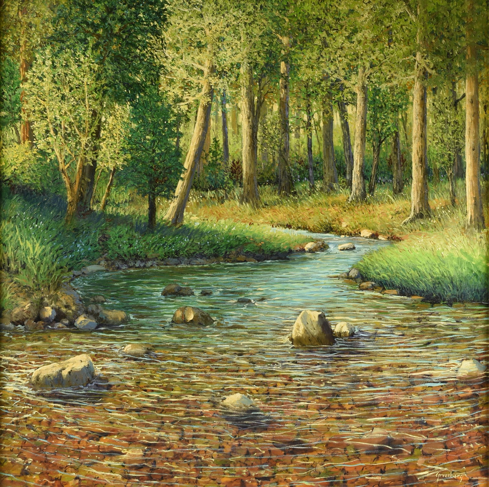 JERRY GREENBERG (American/Texas b. 1946) "Summer Landscape with River and Trees (Untitled)," 21ST: JERRY GREENBERG (American/Texas b. 1946) "Summer Landscape with River and Trees (Untitled)," 21ST CENTURY,oil on canvas, signed lower right, "Greenberg."46 x 46 in. (116.8 x 116.8 cm.), Frame: 48 3/4