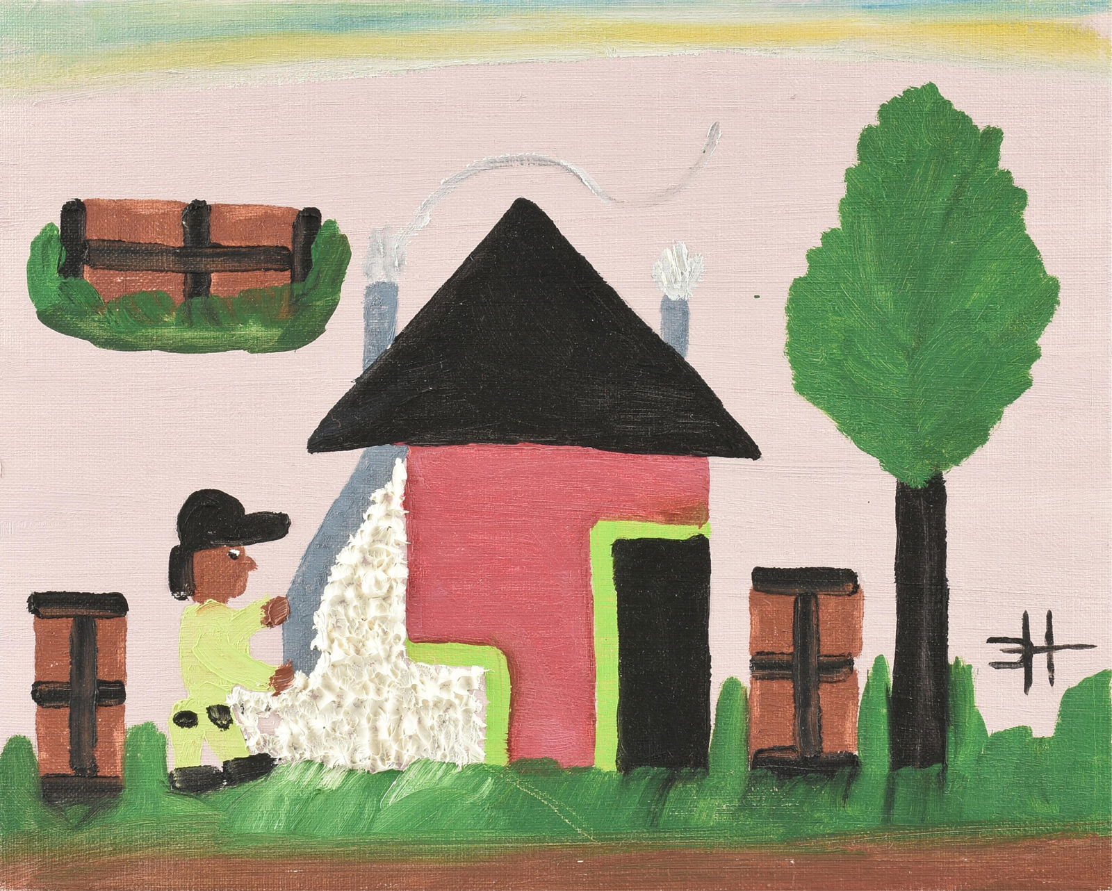 CLEMENTINE HUNTER (American 1887-1988) "At the Cotton Gin (Untitled)," 20TH CENTURY,: CLEMENTINE HUNTER (American 1887-1988) "At the Cotton Gin (Untitled)," 20TH CENTURY,oil on canvas board, signed with the monogram lower right, "CH."8 x 10 in. (20.3 x 25.4 cm.) Provenance: Collection