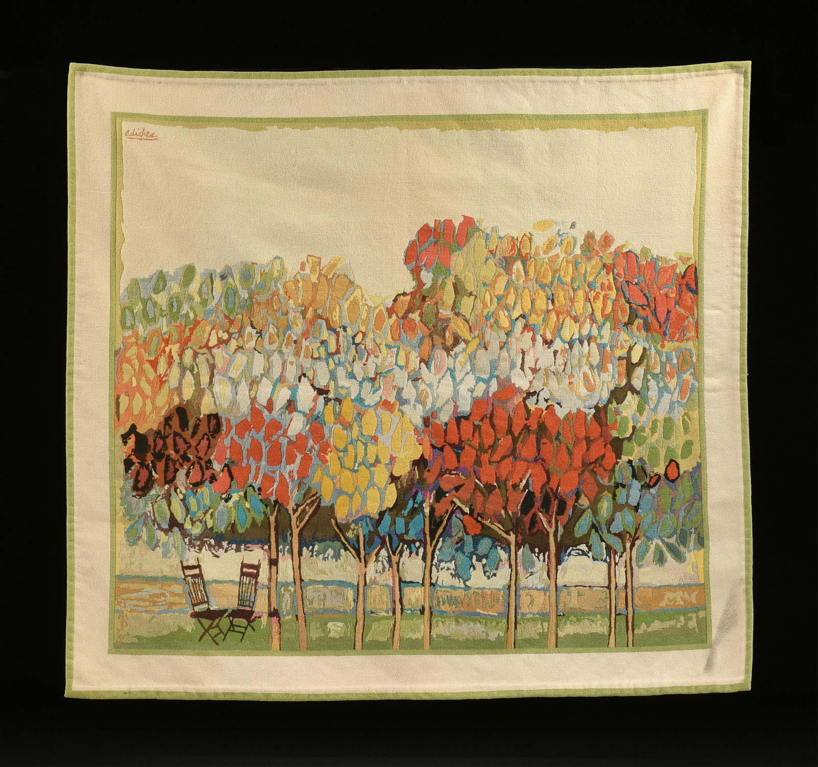 DAVID ADICKES (American/Texas b. 1927) "Orchard Wall," 20TH CENTURY,: DAVID ADICKES (American/Texas b. 1927) "Orchard Wall," 20TH CENTURY,wool tapestry, signed, "Adickes," with manufacturer's mark, "Fino TMP," in the tapestry, with a label affixed on the reverse with th