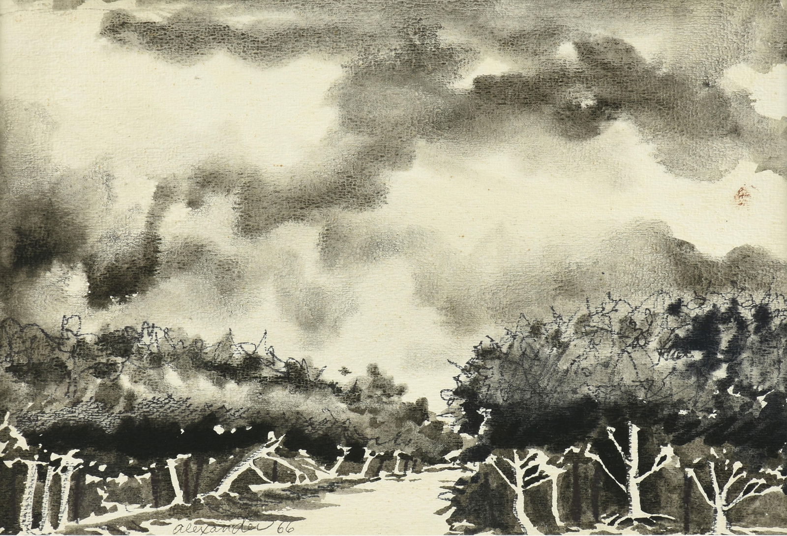 JOHN ALEXANDER (American/Texas b. 1945) "Path with Trees and Clouds (Untitled)," 1966,: JOHN ALEXANDER (American/Texas b. 1945) "Path with Trees and Clouds (Untitled)," 1966,watercolor on paper, signed and dated lower left, "Alexander 66."9 1/2 x 14 in. (24.1 x 35.6 cm.), Frame: 16 1/4 x