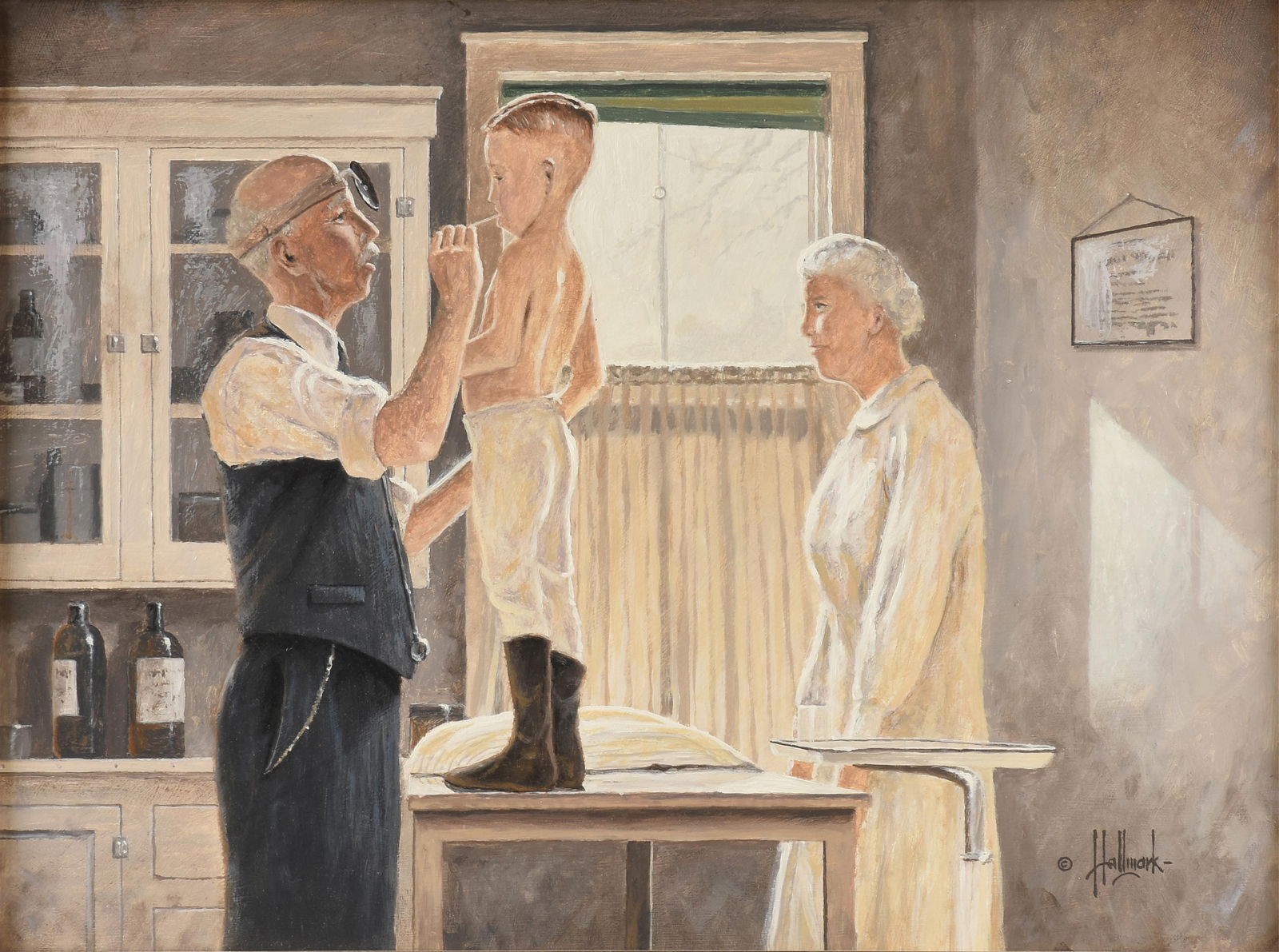 GEORGE HALLMARK (American/Texas b. 1949) "The Doctor's Office," CIRCA 2000,: GEORGE HALLMARK (American/Texas b. 1949) "The Doctor's Office," CIRCA 2000,oil on board, signed lower right, "© Hallmark."17 1/2 x 23 1/2 in. (44.5 x 59.7 cm.), Frame: 29 1/2 x 35 1/4 in. (74.9 x