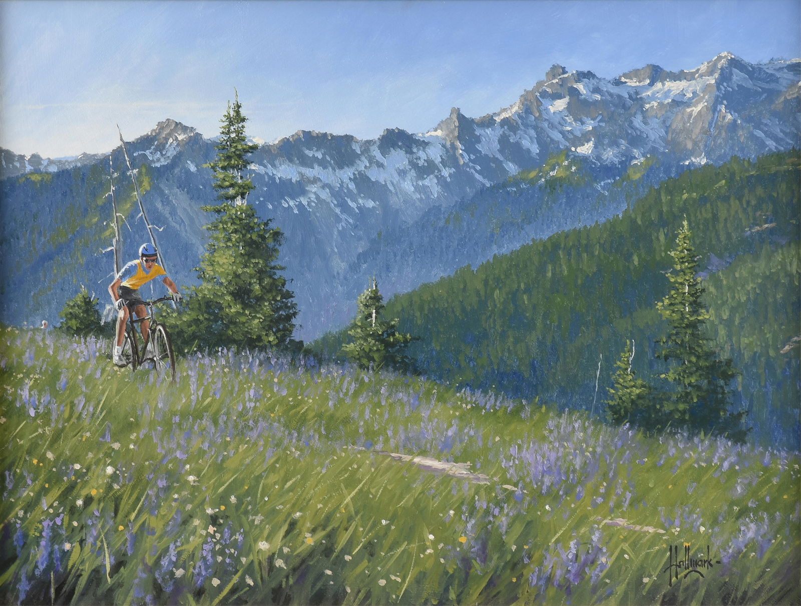 GEORGE HALLMARK (American/Texas b. 1949) "Biking in the Mountains (Untitled)," CIRCA 2000,: GEORGE HALLMARK (American/Texas b. 1949) "Biking in the Mountains (Untitled)," CIRCA 2000,oil on board, signed lower right, "Hallmark."17 1/2 x 23 1/2 in. (44.5 x 59.7 cm.), Frame: 23 x 29 in. (58.4 x