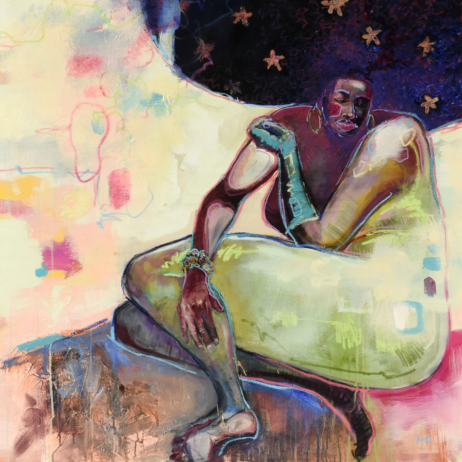 KOFI HONU (American/Ghanaian) "Strong, Virtuous Eunice," 2025,: KOFI HONU (American/Ghanaian) "Strong, Virtuous Eunice," 2025,acrylic and oil pastel on canvas, signed lower right, "Kofi," and titled and dated on reverse.36 x 36 in. (91.4 x 91.4 cm.) Provenance: Pr