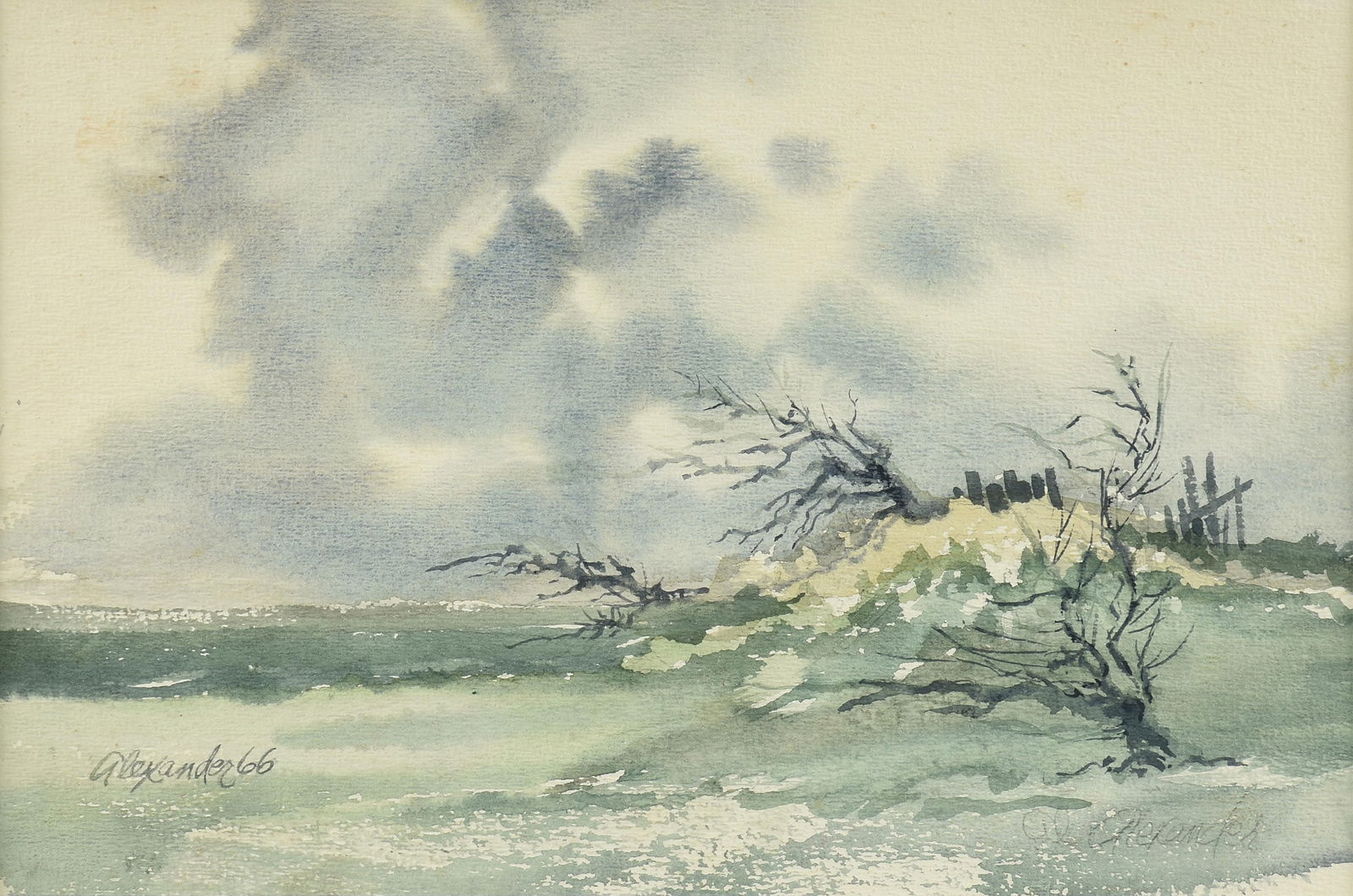 JOHN ALEXANDER (American/Texas b. 1945) "Trees and Fence in a Landscape (Untitled)," 1966,: JOHN ALEXANDER (American/Texas b. 1945) "Trees and Fence in a Landscape (Untitled)," 1966,watercolor on paper, signed and dated lower left, "Alexander 66."9 1/4 x 14 in. (23.5 x 35.6 cm.), Frame: 16 1