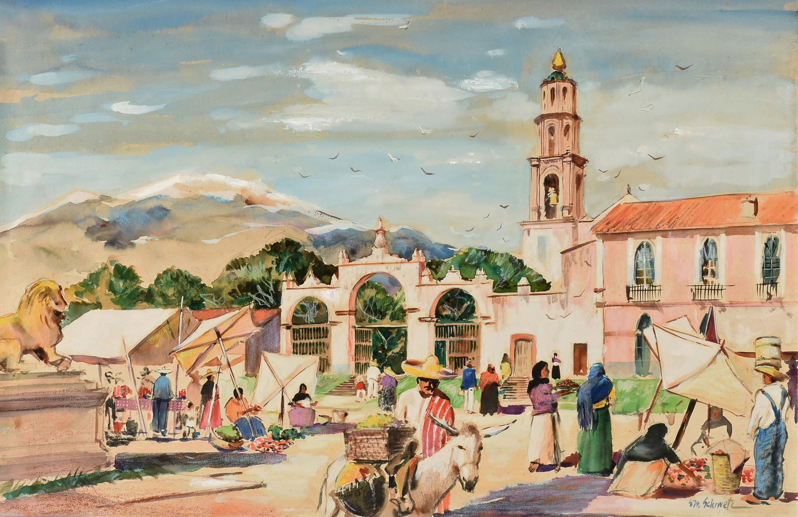 EDWARD MUEGGE "BUCK" SCHIWETZ (American/Texas 1898-1984) "Mexican Village (Untitled)," LATE 1940s,: EDWARD MUEGGE "BUCK" SCHIWETZ (American/Texas 1898-1984) "Mexican Village (Untitled)," LATE 1940s,mixed media with gouache on board, signed lower right, "E.M. Sciwetz."16 x 24 1/2 in. (40.6 x 62.2 cm.