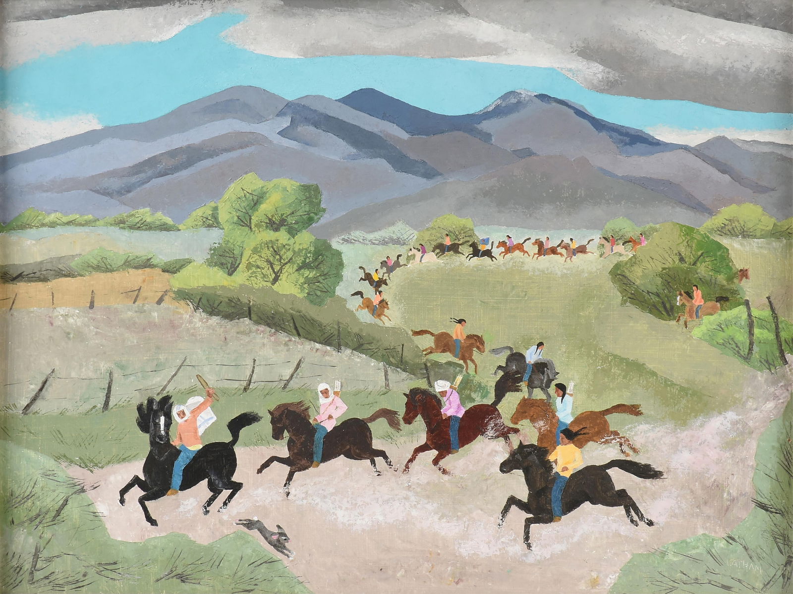 BARBARA COOK LATHAM (American 1896-1989) "Native Riders (Untitled)," CIRCA 1970,: BARBARA COOK LATHAM (American 1896-1989) "Native Riders (Untitled)," CIRCA 1970,oil on canvas, signed lower right, "LATHAM."18 x 24 in. (45.7 x 61 cm.), Frame: 25 1/2 x 31 1/2 in. (64.8 x 80 cm.) Prov