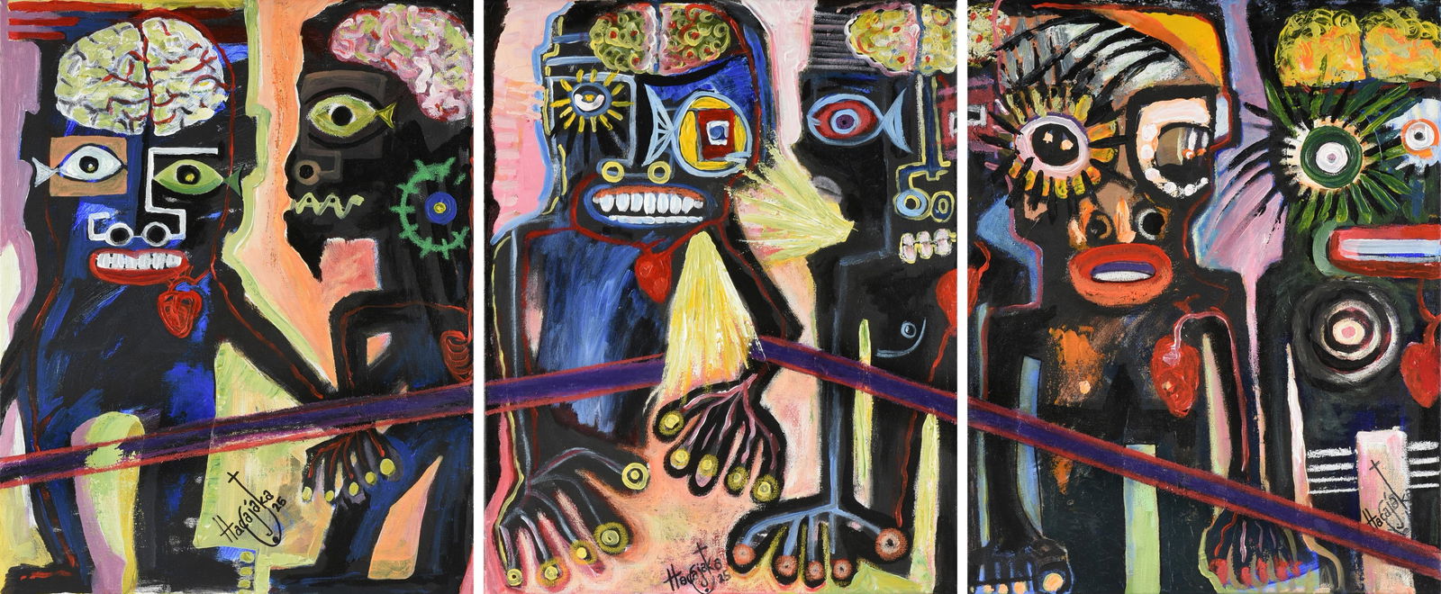 HARRY (HACAJAKA) AGYEMAN (Ghanaian b. 1970) "Free Spirit," 2025,: HARRY (HACAJAKA) AGYEMAN (Ghanaian b. 1970) "Free Spirit," 2025,a triptych with acrylic, pastel, and ink on canvas, each signed and dated, "Hacajaka 25."Triptych: 20 x 48 in. (50.8 x 121.9 cm.), Each