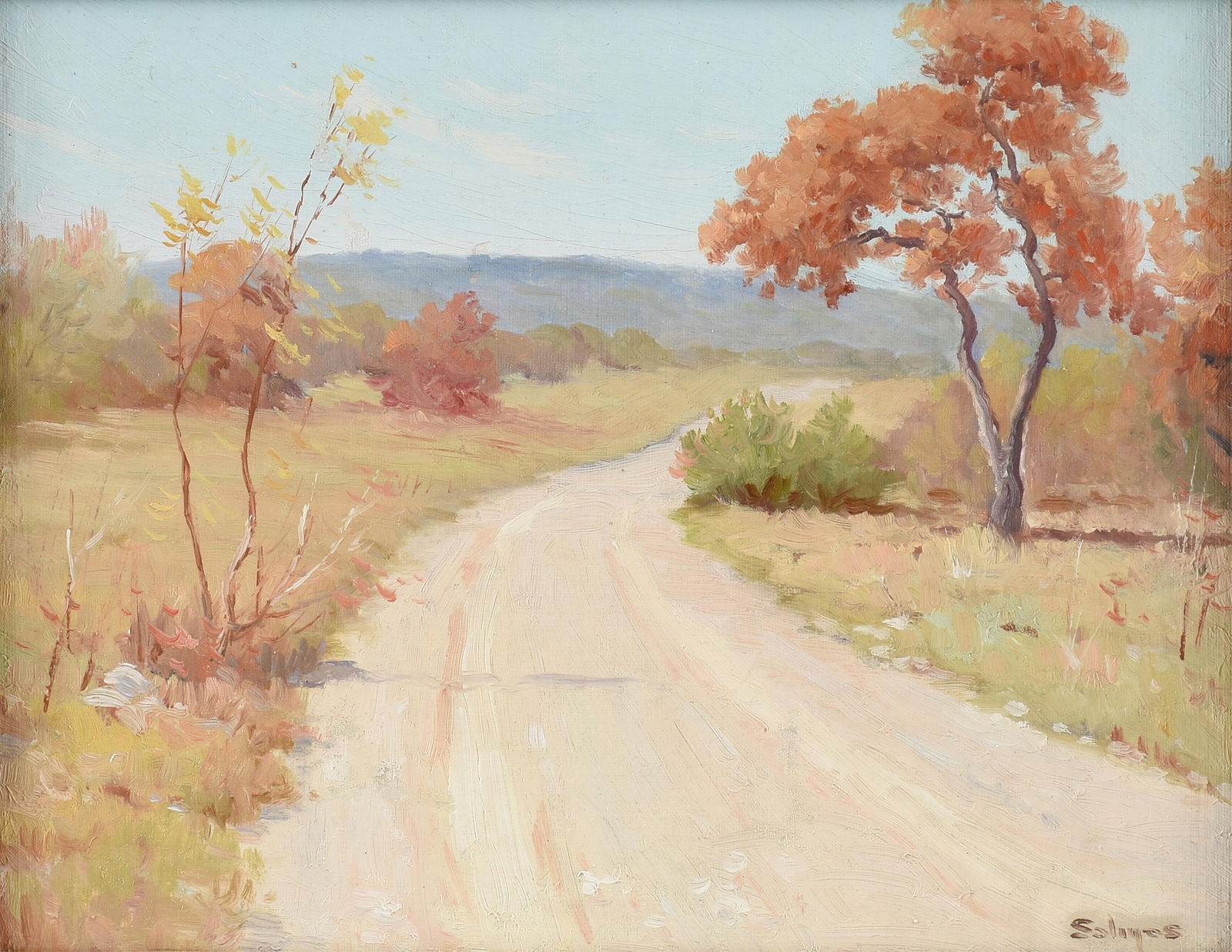 PORFIRIO SALINAS (American/Texas 1910-1973) "Autumn Road (Untitled)," 20TH CENTURY,: PORFIRIO SALINAS (American/Texas 1910-1973) "Autumn Road (Untitled)," 20TH CENTURY,oil on card, signed lower right, "Salinas."7 x 9 in. (17.8 x 22.9 cm.), Frame: 18 1/4 x 22 1/2 in. (46.4 x 57.2 cm.)