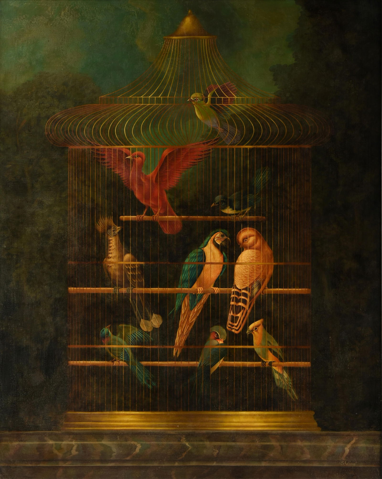 WILLIAM SKILLING (American 1862-1964) "Birds in a Cage (Untitled)," 20TH CENTURY,: WILLIAM SKILLING (American 1862-1964) "Birds in a Cage (Untitled)," 20TH CENTURY,oil on canvas, signed lower right, "Skilling."60 x 48 in. (152.4 x 121.9 cm.), Frame: 62 3/4 x 50 3/4 in. (159.4 x 128.