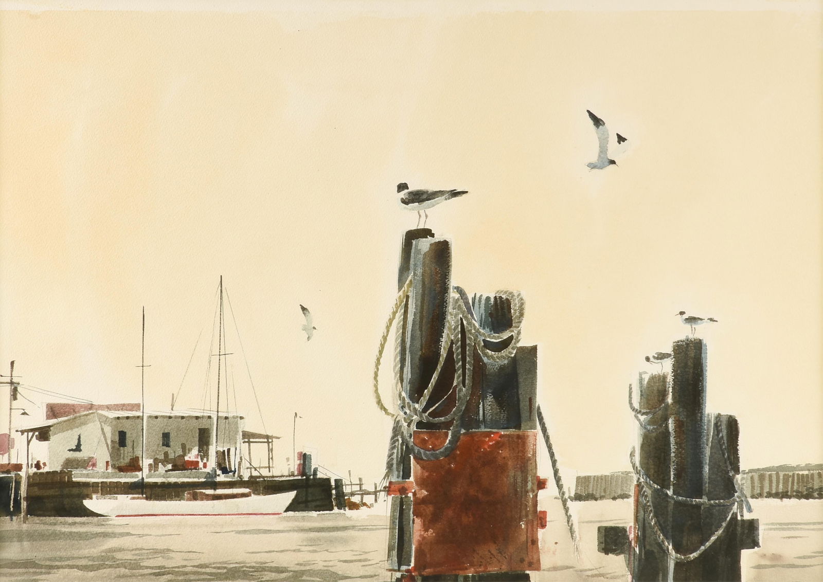 AL BARNES (American/Texas 1937-2015) "Gulls on Pilings," CIRCA 1970,: AL BARNES (American/Texas 1937-2015) "Gulls on Pilings," CIRCA 1970,watercolor on paper.19 1/2 x 27 1/2 in. (49.5 x 69.9 cm.), Frame: 28 1/2 x 35 3/4 in. (72.4 x 90.8 cm.) Provenance: Property of a Na