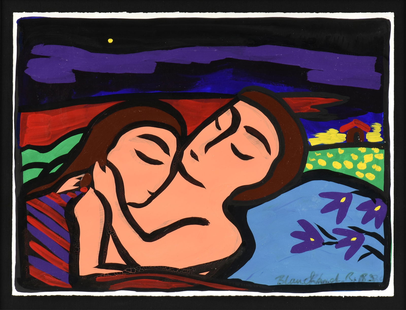 RÉMI BLANCHARD (French 1958-1993) "Sleeping Couple (Untitled)," 1989,: RÉMI BLANCHARD (French 1958-1993) "Sleeping Couple (Untitled)," 1989,acrylic on paper, signed and dated lower right, "Blanchard, R. 89."22 1/2 x 30 in. (57.2 x 76.2 cm.), Frame: 35 1/2 x 42 in. (