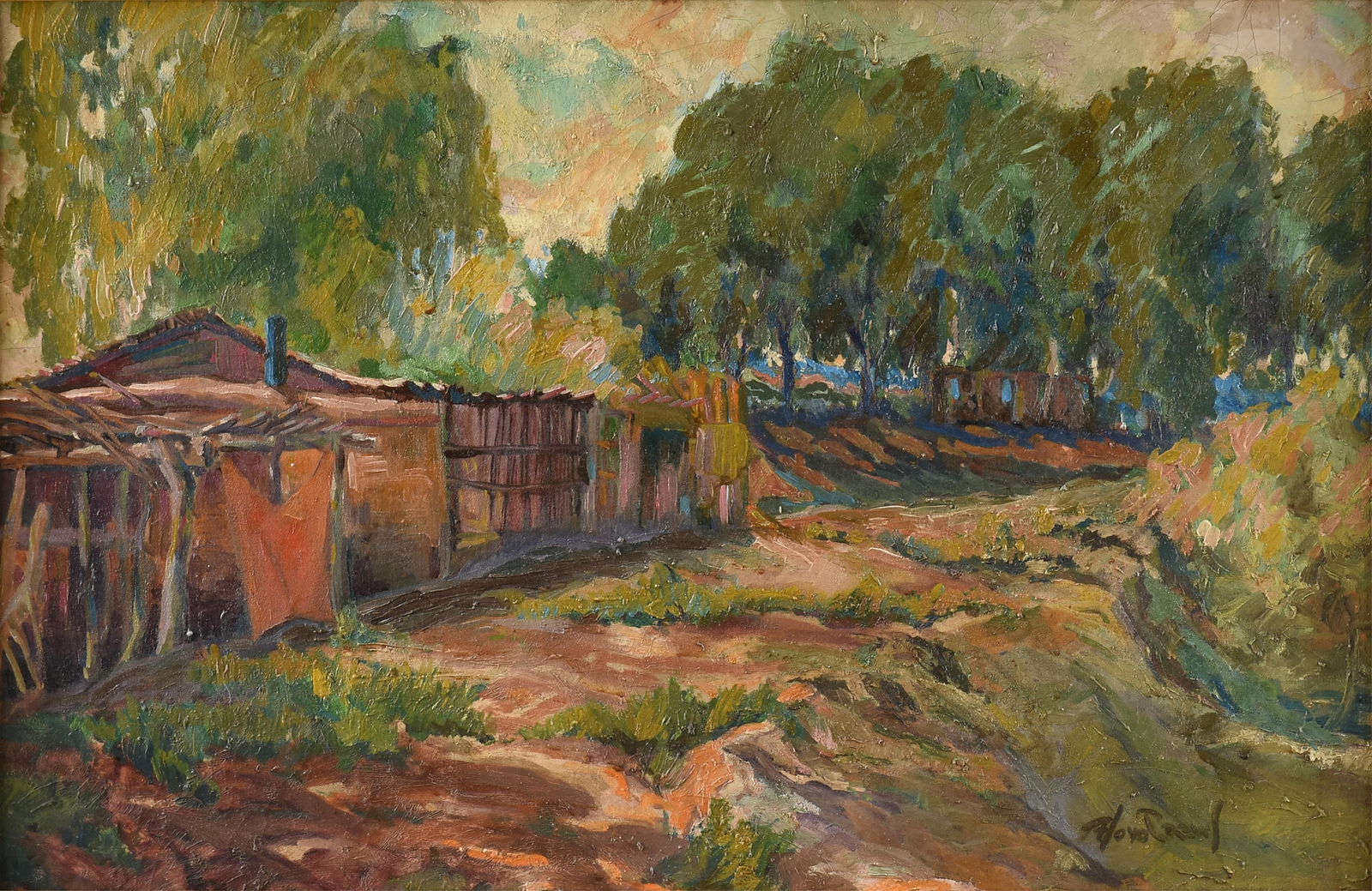 SETH FLOYD CREWS (American 1873-1958) "Woodland Shack (Untitled)," 20TH CENTURY,: SETH FLOYD CREWS (American 1873-1958) "Woodland Shack (Untitled)," 20TH CENTURY,oil on canvas, signed lower right, "Floyd Crews."22 x 33 1/2 in. (55.9 x 85.1 cm.), Frame: 28 3/4 x 40 3/4 in. (73 x 103