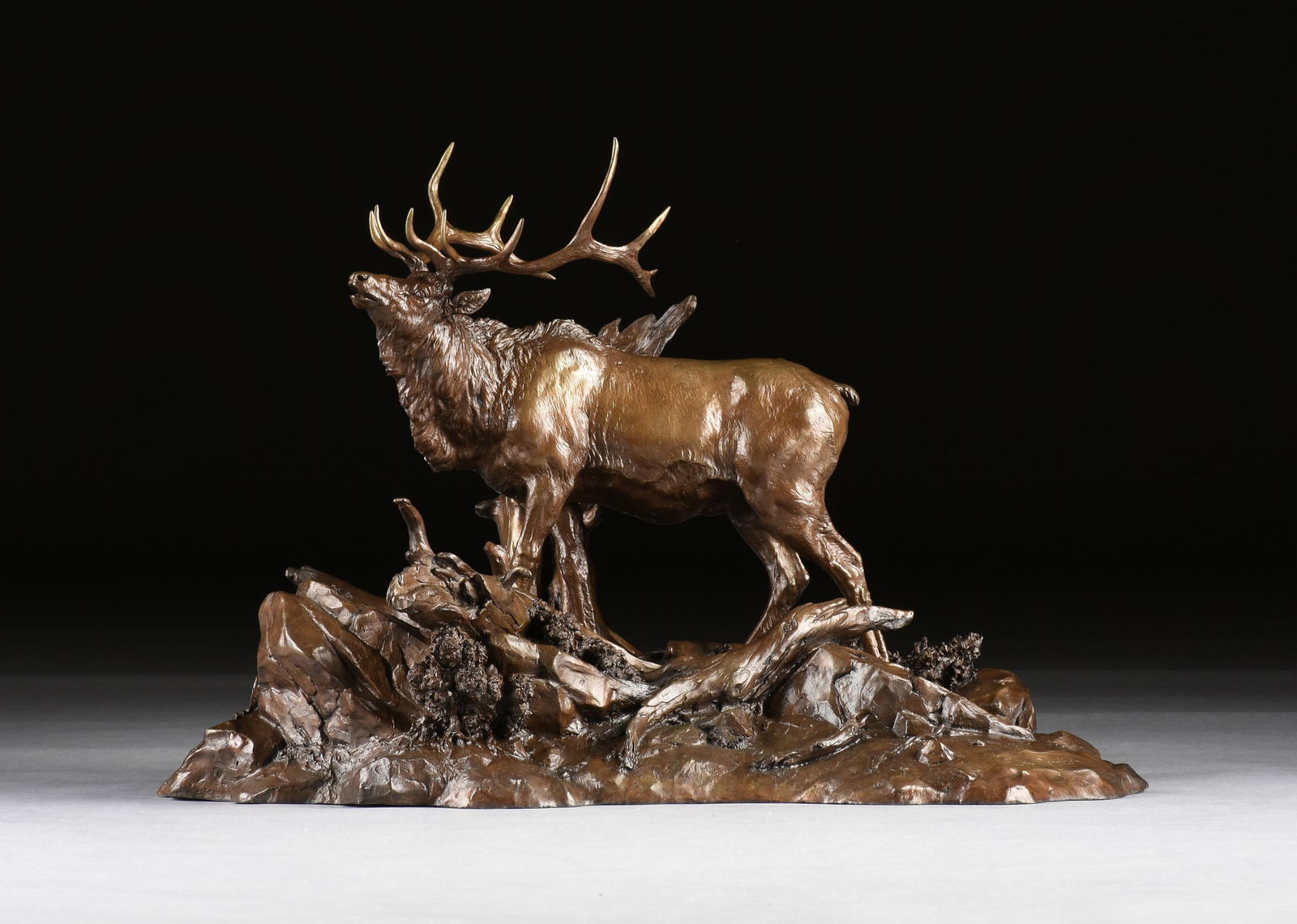 CLARK BRONSON (American 1939-2020) "Elk Territory," 1973,: CLARK BRONSON (American 1939-2020) "Elk Territory," 1973,bronze with light brown patina, signed, dated and numbered at base, "Clark Bronson / © 1973 / 15/20," also titled at base, "Elk Territory.