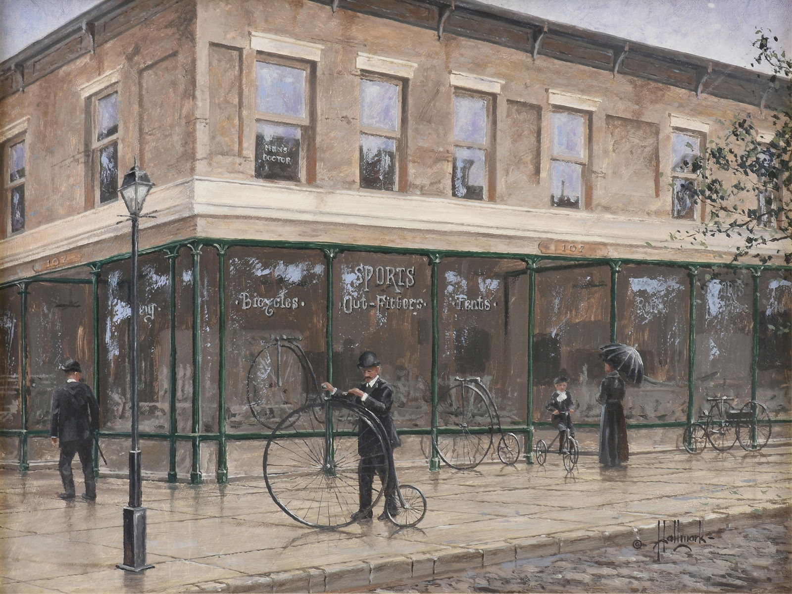 GEORGE HALLMARK (American/Texas b. 1949) "The Outfitter Store (Untitled)," CIRCA 2000,: GEORGE HALLMARK (American/Texas b. 1949) "The Outfitter Store (Untitled)," CIRCA 2000,oil on board, signed lower right, "© Hallmark."17 1/2 x 23 1/2 in. (44.5 x 59.7 cm.), Frame: 23 x 29 in. (58.