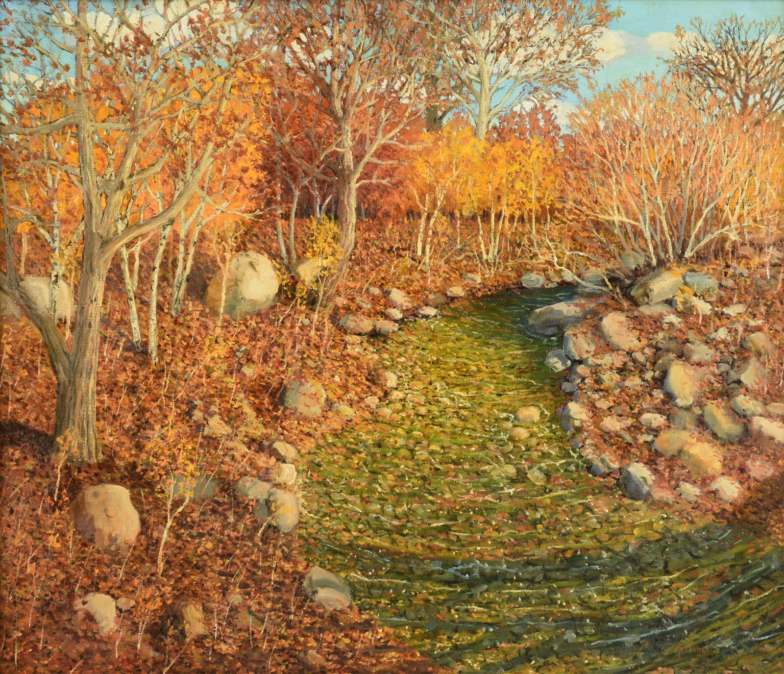 JERRY GREENBERG (American/Texas b. 1946) "Fall in Action," 21ST CENTURY,: JERRY GREENBERG (American/Texas b. 1946) "Fall in Action," 21ST CENTURY,oil on canvas, signed L/R, "Greenberg," titled on reverse, "Fall in Action" and marked "Jerry Greenberg / Harris Gallery."36 x 4