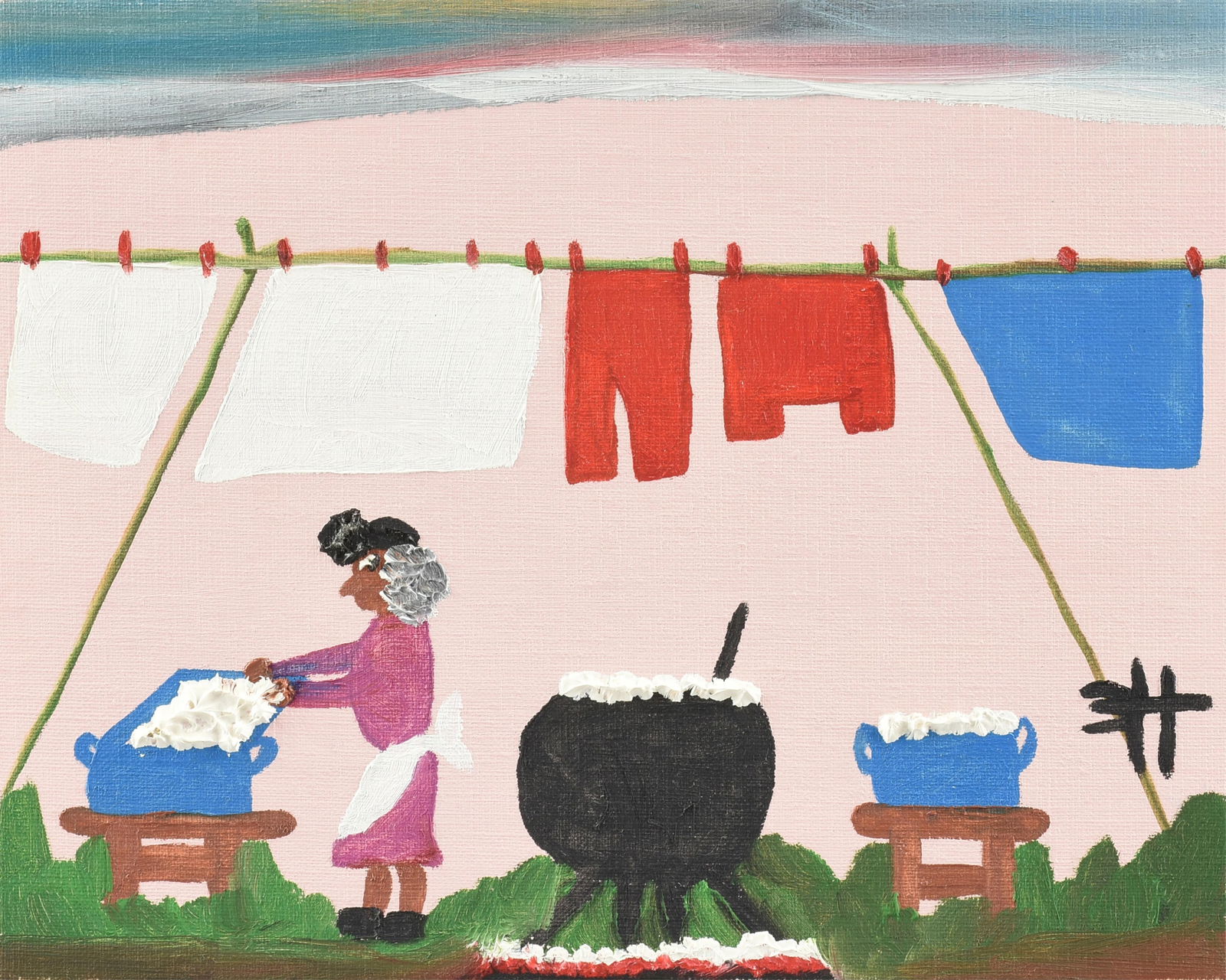 CLEMENTINE HUNTER (American 1887-1988) "Doing Laundry (Untitled)" 20TH CENTURY,: CLEMENTINE HUNTER (American 1887-1988) "Doing Laundry (Untitled)" 20TH CENTURY,oil on canvas board, signed with the monogram lower right, "CH."8 x 10 in. (20.3 x 25.4 cm.) Provenance: Collection of Ma