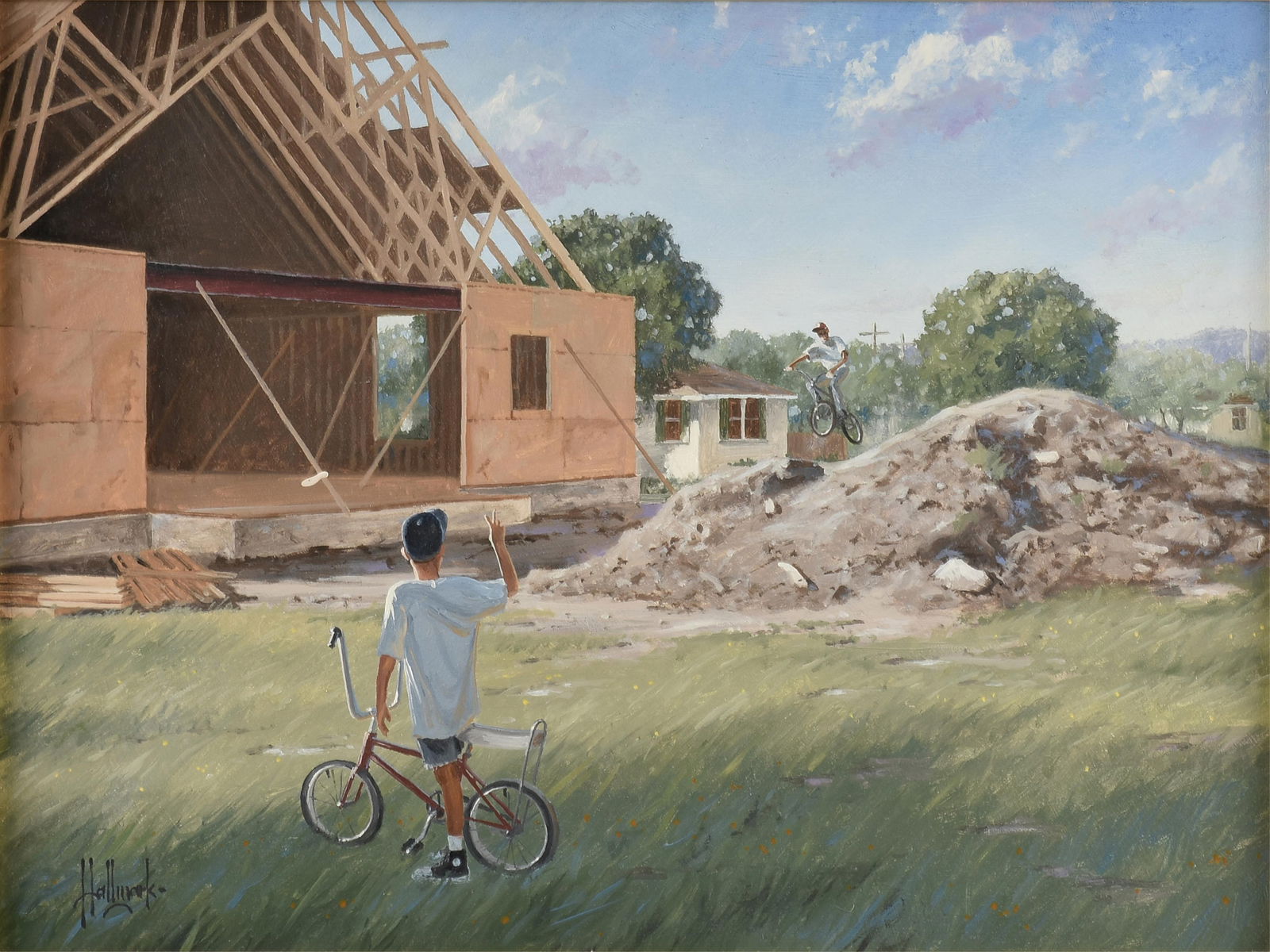 GEORGE HALLMARK (American/Texas b. 1949) "Bicycle Jumps (Untitled)," CIRCA 2000,: GEORGE HALLMARK (American/Texas b. 1949) "Bicycle Jumps (Untitled)," CIRCA 2000,oil on board, signed lower left, "Hallmark."17 1/2 x 23 1/2 in. (44.5 x 59.7 cm.), Frame: 23 x 29 in. (58.4 x 73.7 cm.)