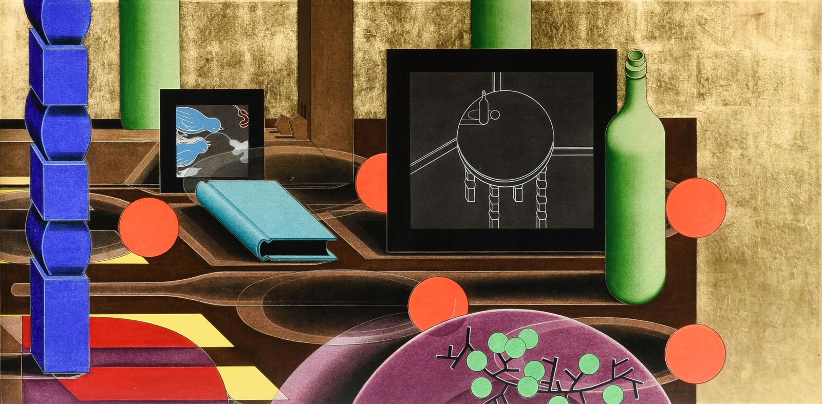 DAVID LANDIS FICK (American b. 1950) "Still Life with Bottle and Book (Untitled)," LATE 20TH: DAVID LANDIS FICK (American b. 1950) "Still Life with Bottle and Book (Untitled)," LATE 20TH CENTURY,oil, pastel, and gold leaf on canvas mounted to a wood backing and framed under glass, signed lower