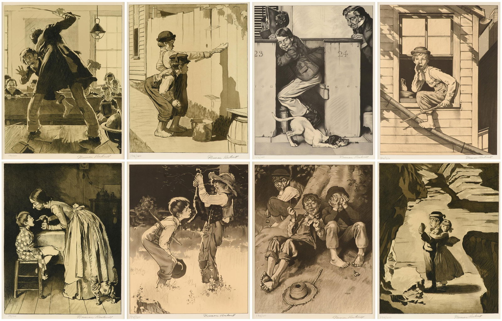 NORMAN ROCKWELL (American 1894-1978) "The Tom Sawyer Portfolio," 1971,: NORMAN ROCKWELL (American 1894-1978) "The Tom Sawyer Portfolio," 1971,the complete set of eight lithographs on paper, from the sepia toned edition, each signed lower right, "Norman Rockwell," and each